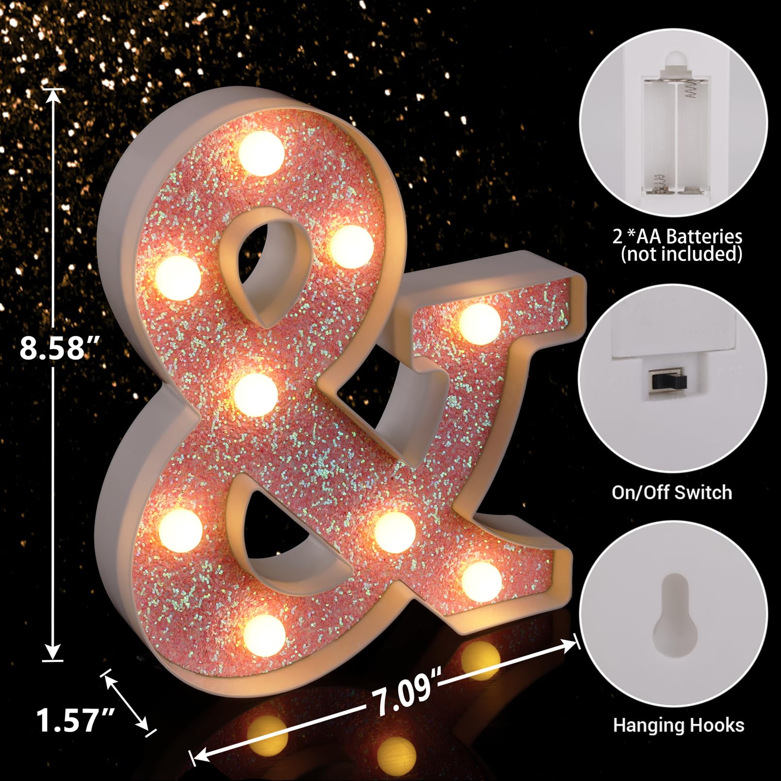 TRONSBOO LED Marquee Letter Light, Pink Glitter, 5.87in x 8.58in, Battery Powered, Plastic, Home Party Decoration, Model Pink-Light-&