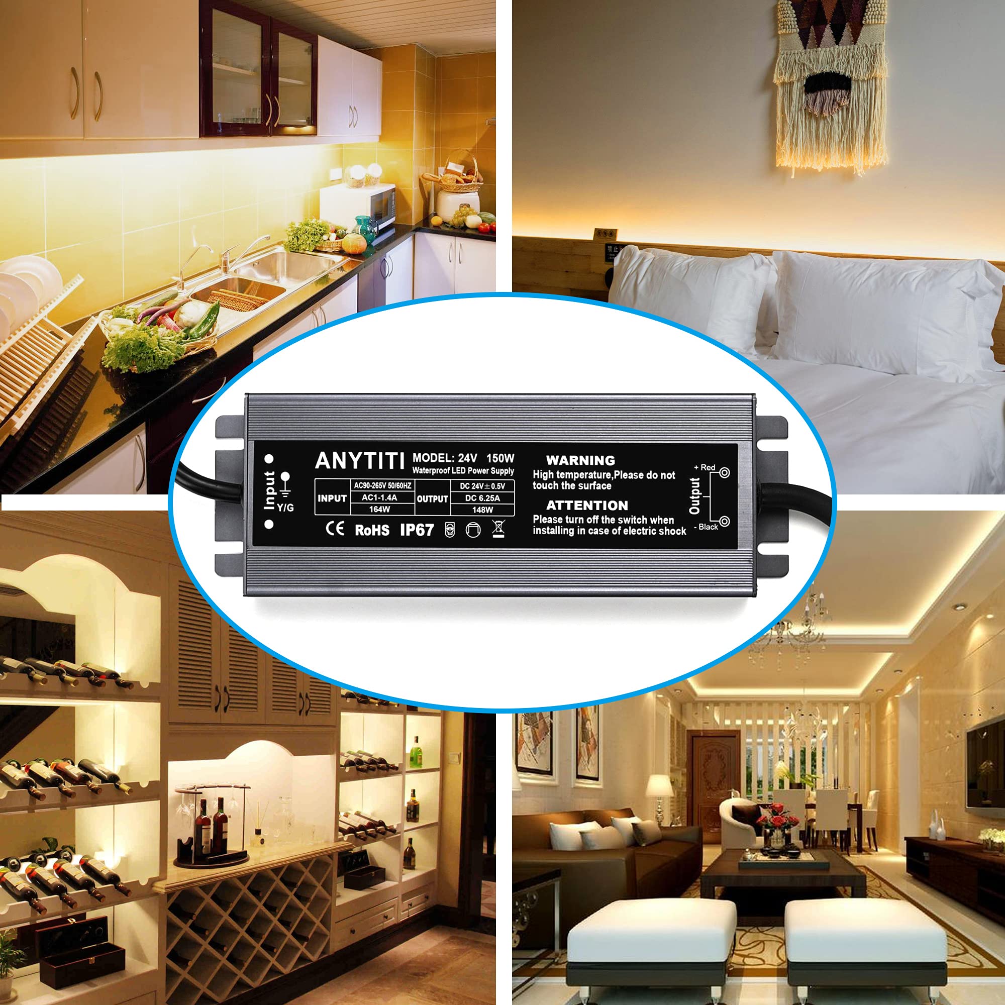 ANYTITI LED Driver, LED Power Supply with IP67 Waterproof Rating, Low Voltage Transformers, 150W Output, DC24V 6.25A with 3-Pron