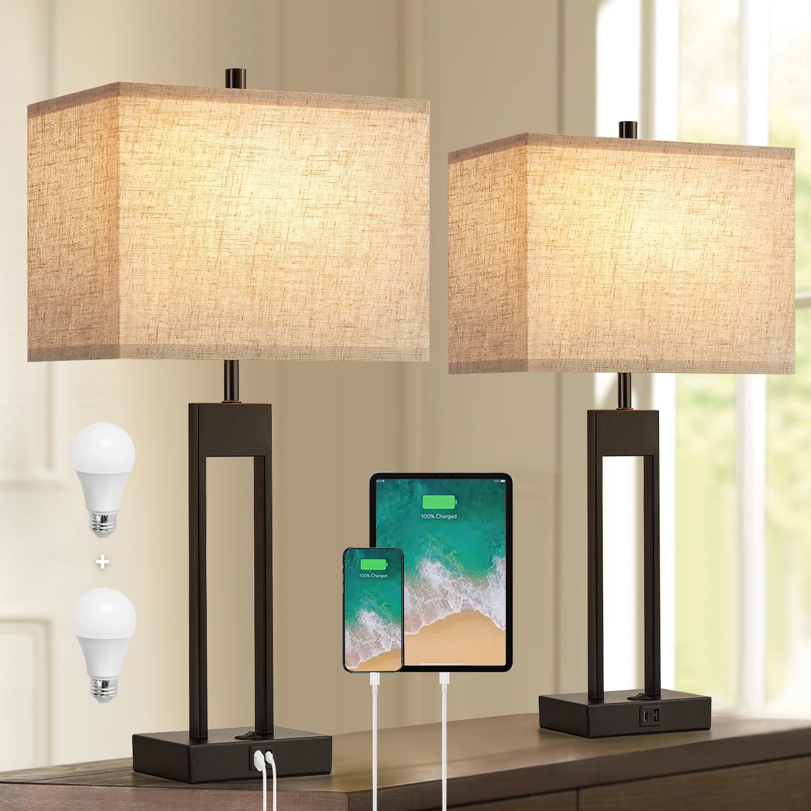 25.5’’ Nightstand Table Lamps for Bedrooms Set of 2, Bedside Lamp with USB C+A, 3 Colors Changeable Living Room Lamps for End Tables, Modern Night Stand Lamps for Bed Side Guest Room Office Reading