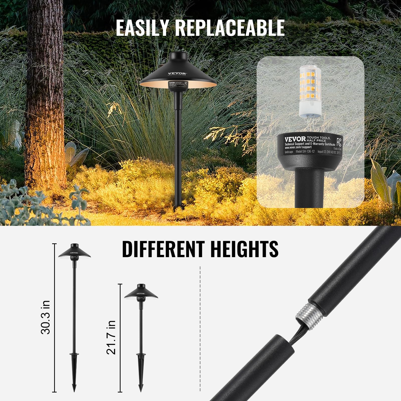 VEVOR 8 Pack Low Voltage Landscape Path Lights, 3W 210LM, 3000K Warm White, IP66 Waterproof, Black Aluminum, Model SH-136-8