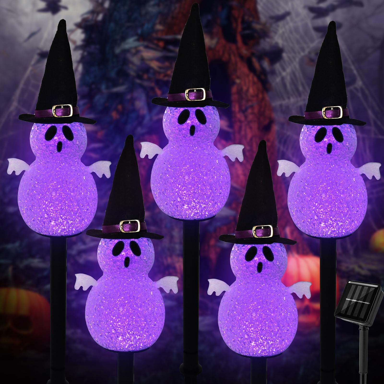 Solar Halloween Pathway Lights Outdoor Decorations 5 Pack Ghost Garden Stake Lights  Waterproof Led Walkway Lights For Outside Patio Yard Halloween Decor (Purple Ghost)