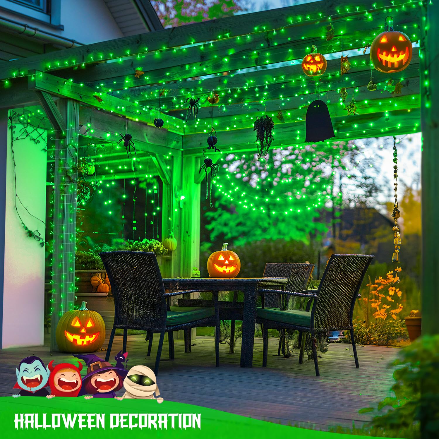 JMEXSUSS 400 LED Christmas Lights, 132ft Green Indoor Outdoor String Lights, Remote Control, 8 Modes, Model EXS-S-0400-R