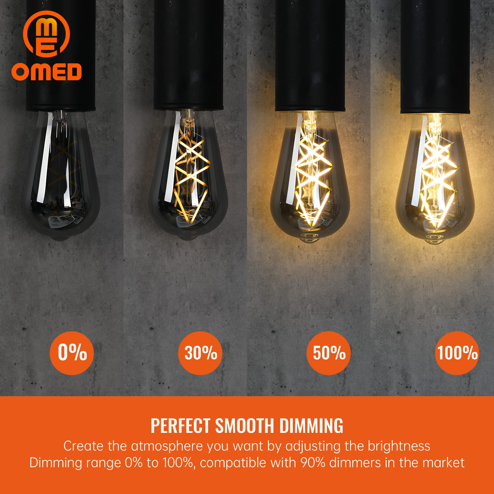 OMED Dimmable LED Edison Bulbs, 6W 2700K Soft White, Pack of 12, Smoky Grey Glass, 600 Lumens, E26 Base, Vintage Fish