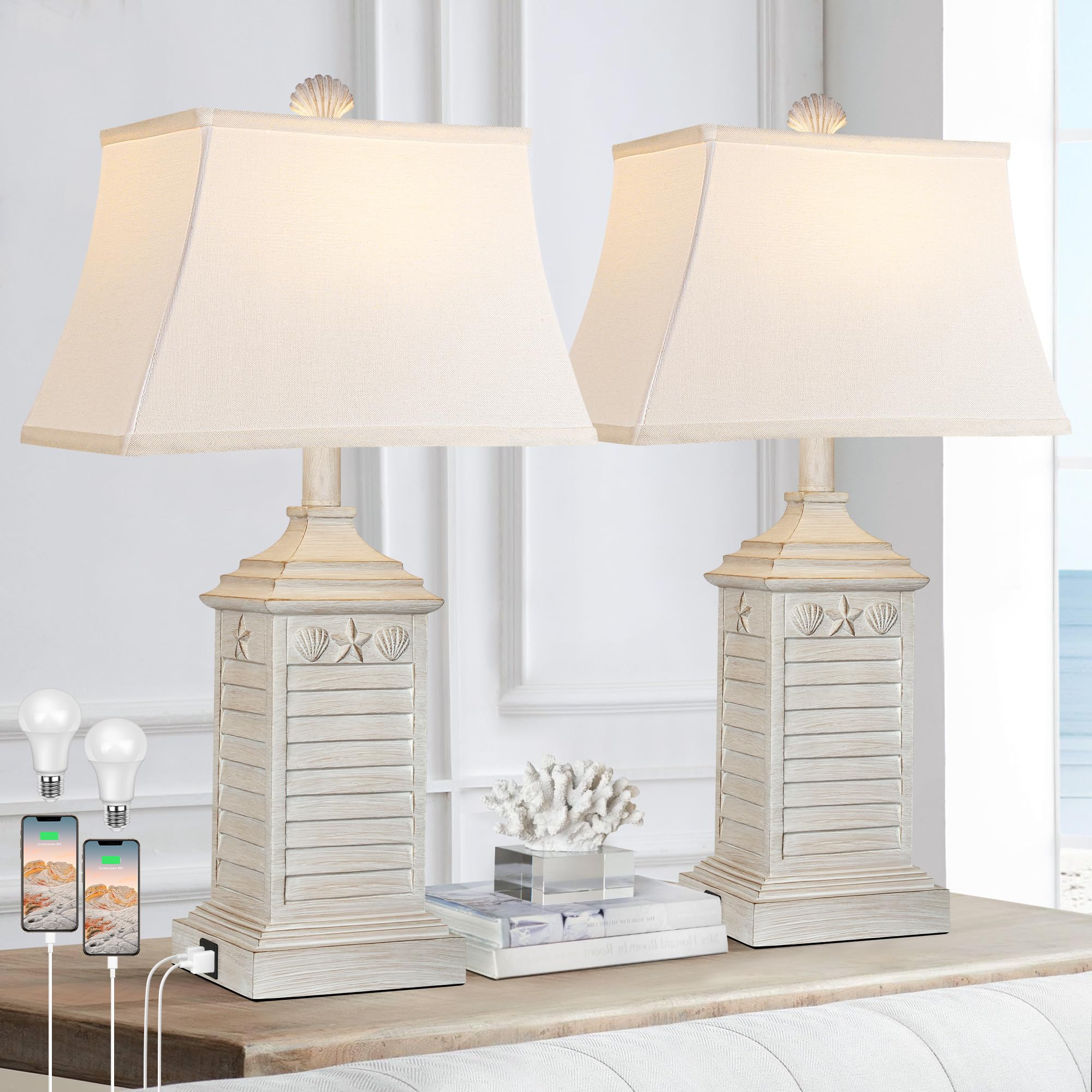 Hamucd Coastal Table Lamps Set of 2, Beach Living Lamps for Bedroom with USB A+C, Washed White Modern Resin LED 3-Color Temperat