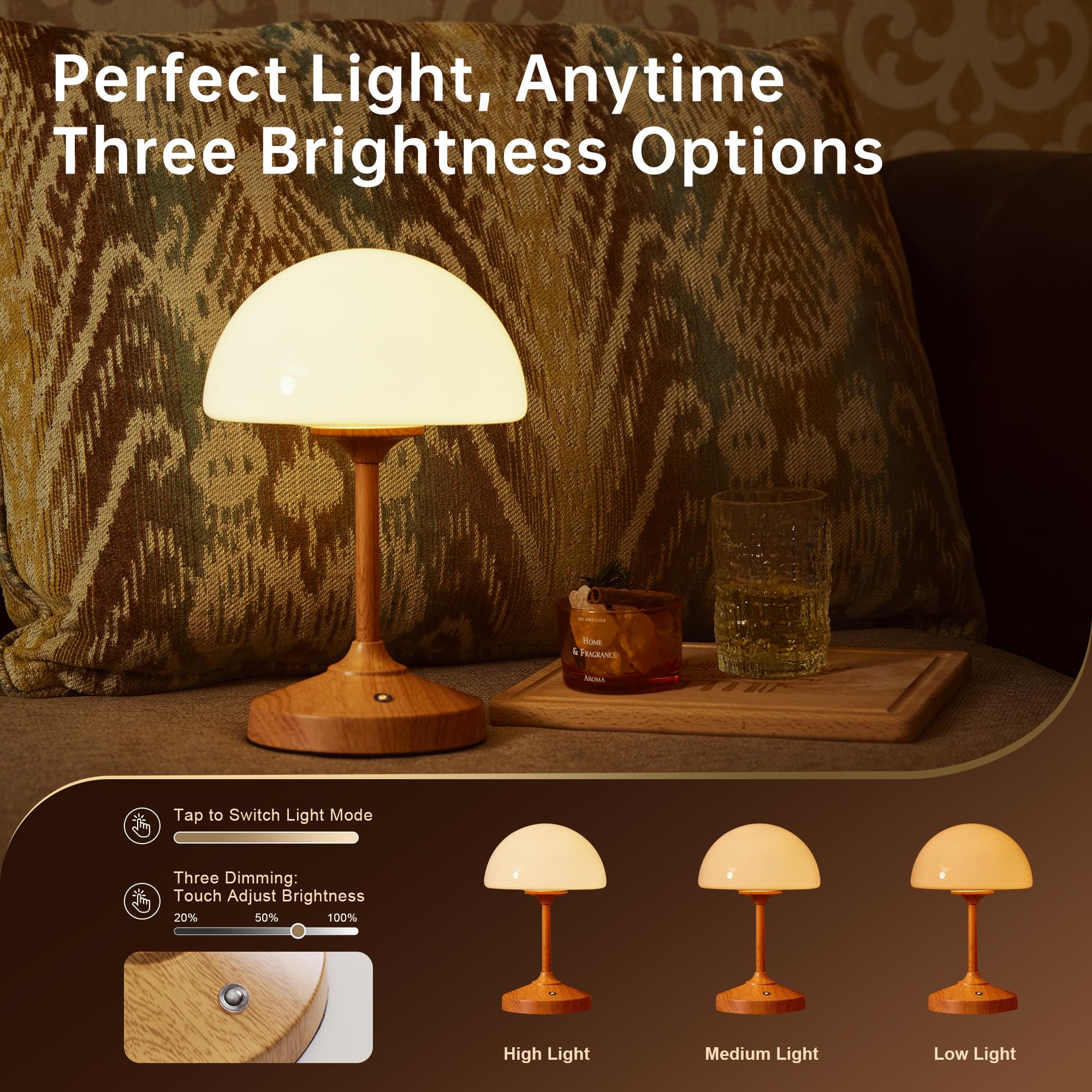 Dawnwake Mushroom Lamp Table Lamp For Bedroom,Desk Cordless Shower Lamps Waterproof,Outdoor Rechargeable Battery Operated Touch