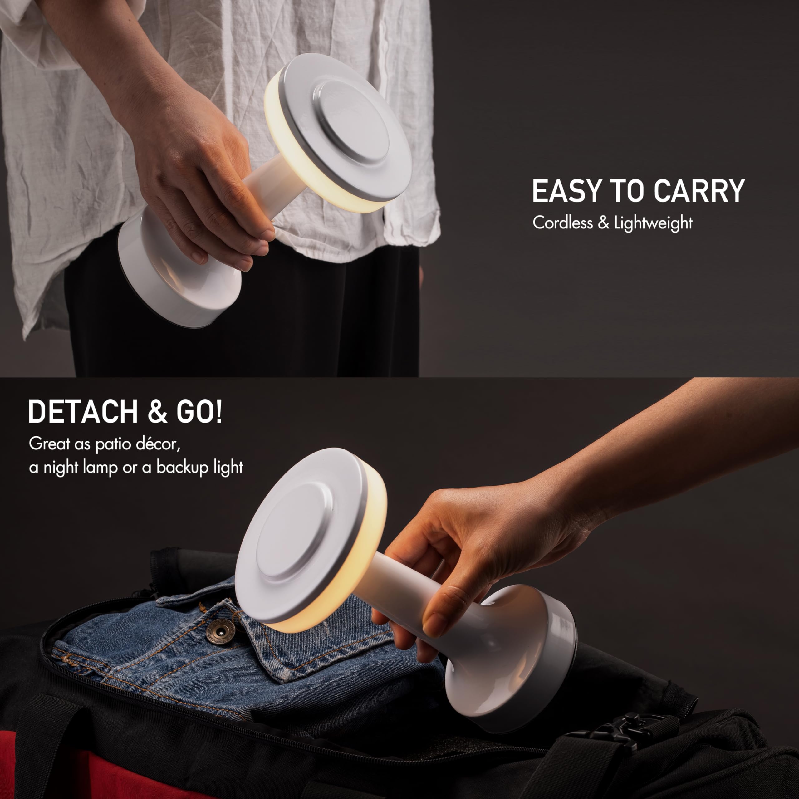 O'Bright Portable LED Table Lamp, Touch Sensor, 3 Levels Brightness, Rechargeable, Piano White, Model OB-TL01B