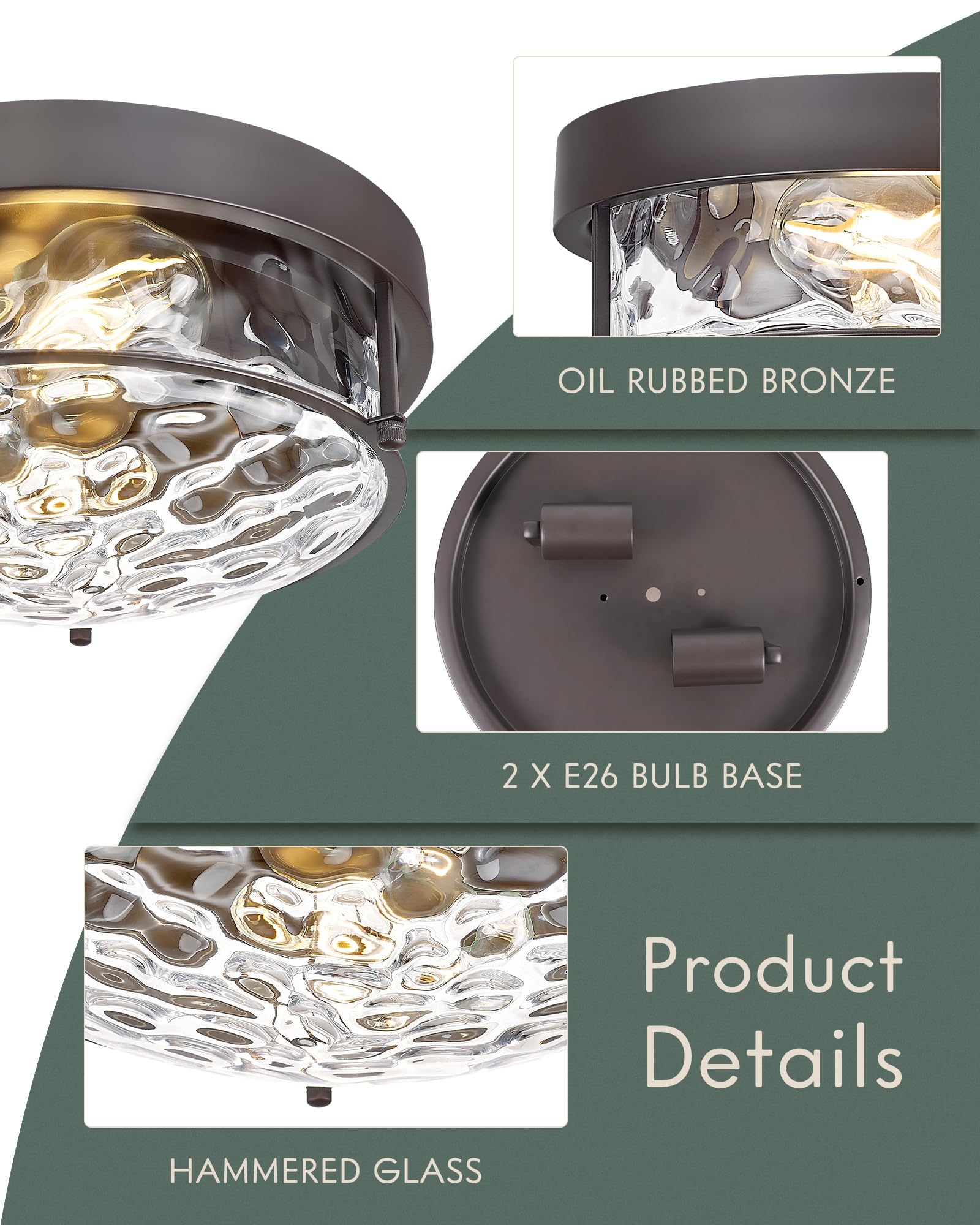 Cargifak 12-Inch Flush Mount Ceiling Light, Hammered Glass Shade, Oil Rubbed Bronze Finish, Model CKCL4822-2W-HGORB