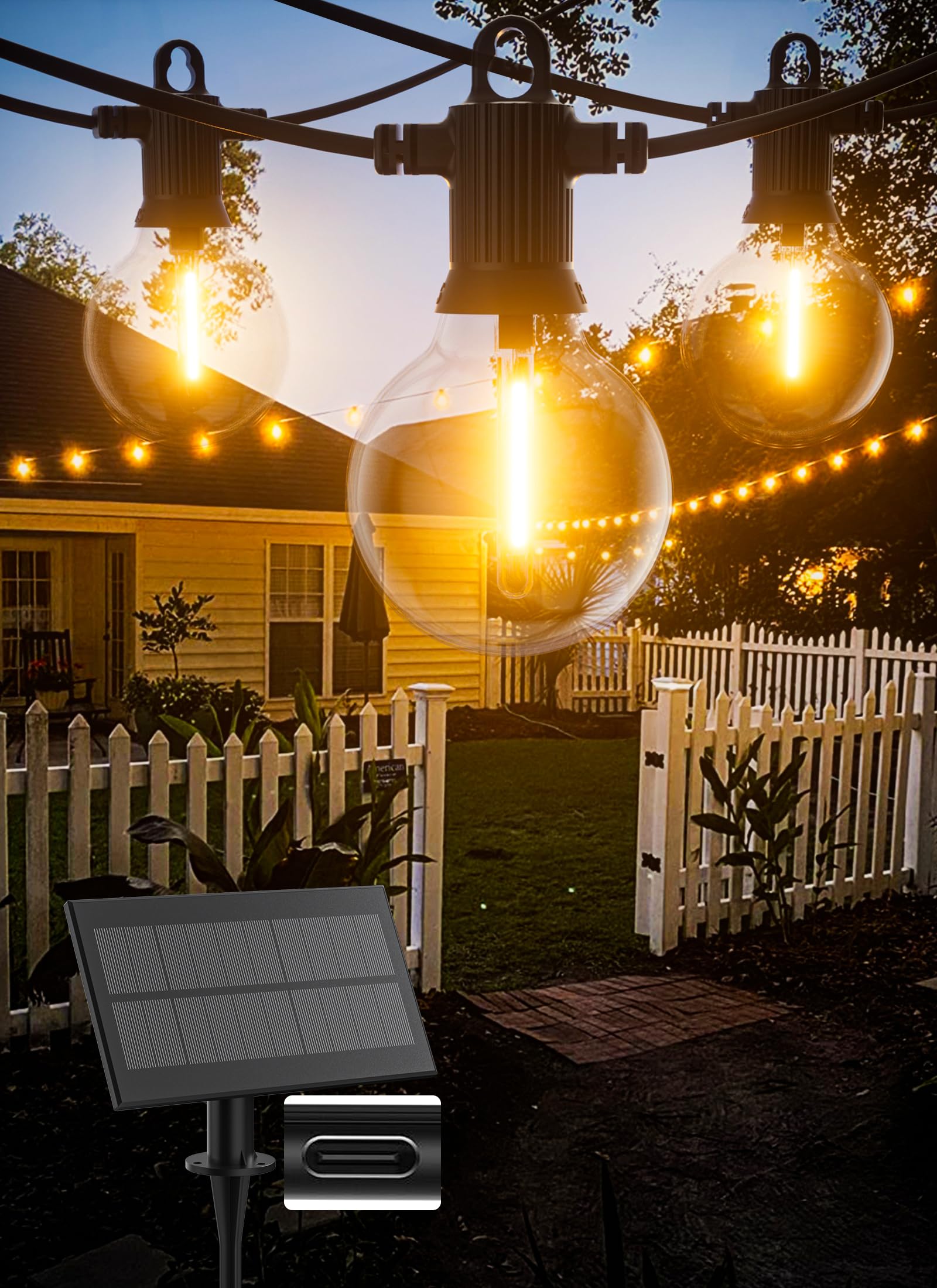 Zuske Solar String Lights Outdoor 100FT, Waterproof, USB Port, 52 Shatterproof G40 Bulbs, Warm White, Black, Model 12-25