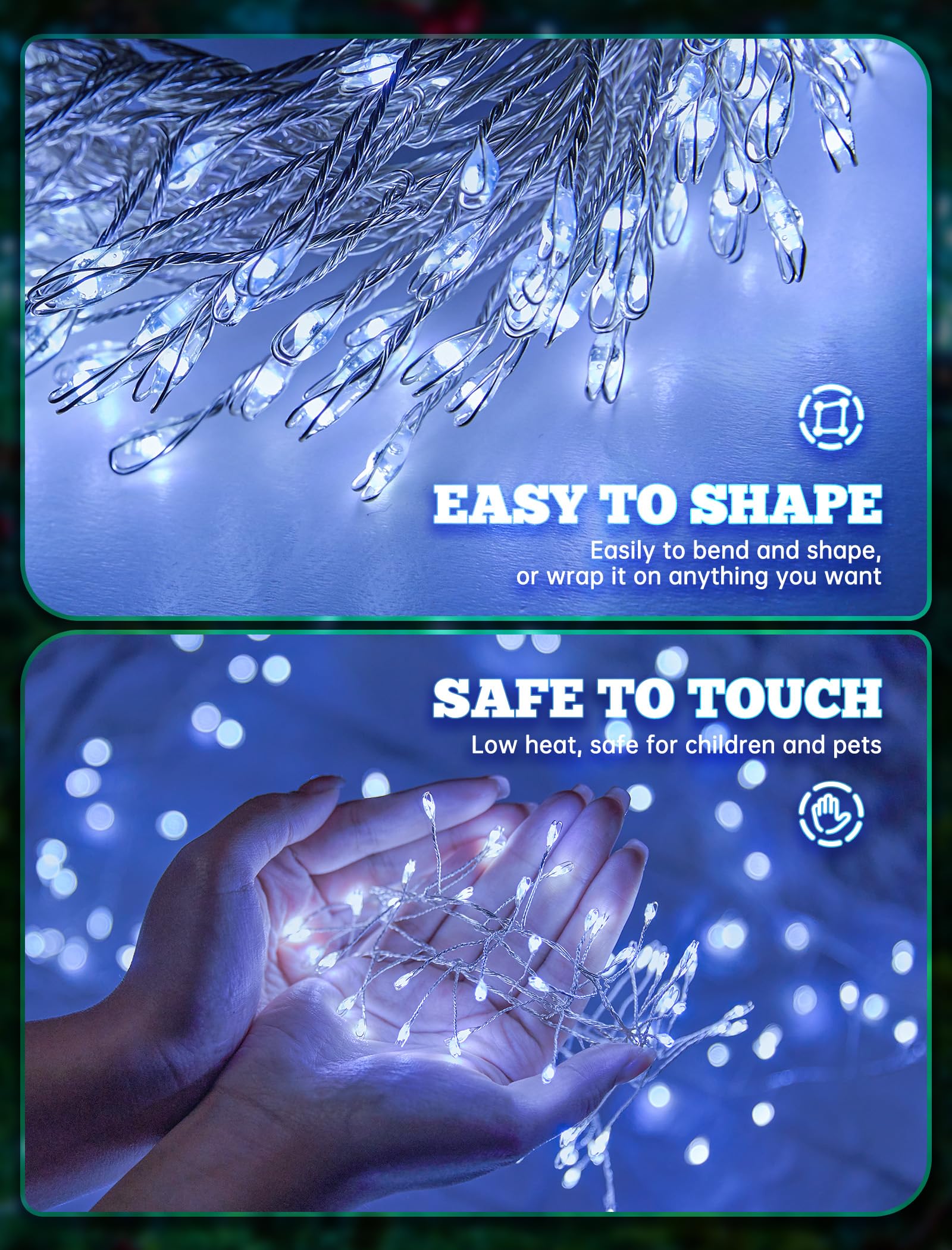 Minetom Solar String Lights, 240 LED, 19.6Ft, 8 Modes, Pure White, Model MT-19.6-240D-PW, Outdoor Fairy Lights for Decor
