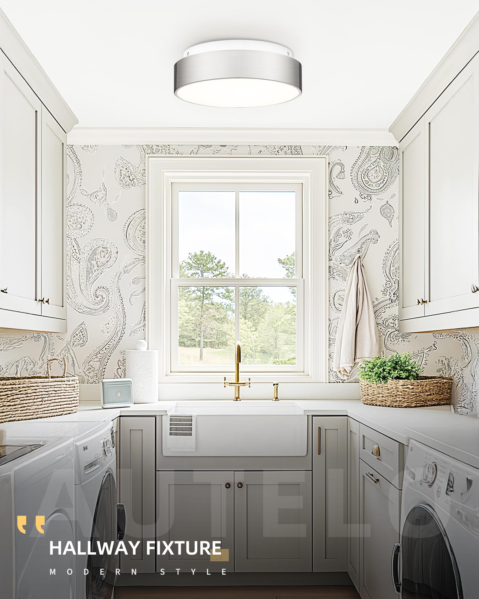 Autelo 12'' Flush Mount Ceiling Light Fixture, Frosted Glass Shade 2-Light Close To Ceiling Light Fixture In Brushed Nickel Fini