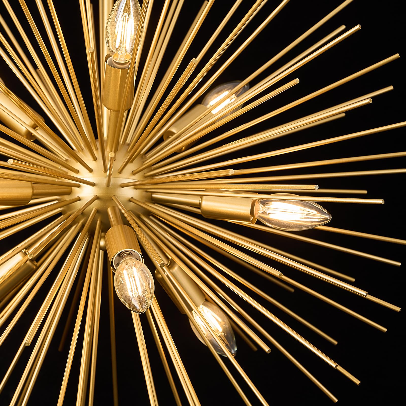 Fookchak 24In Gold Sputnik Chandelier 9-Light Starburst Chandelier Light Fixture Solid Metal Mid-Century Modern Satellite Light