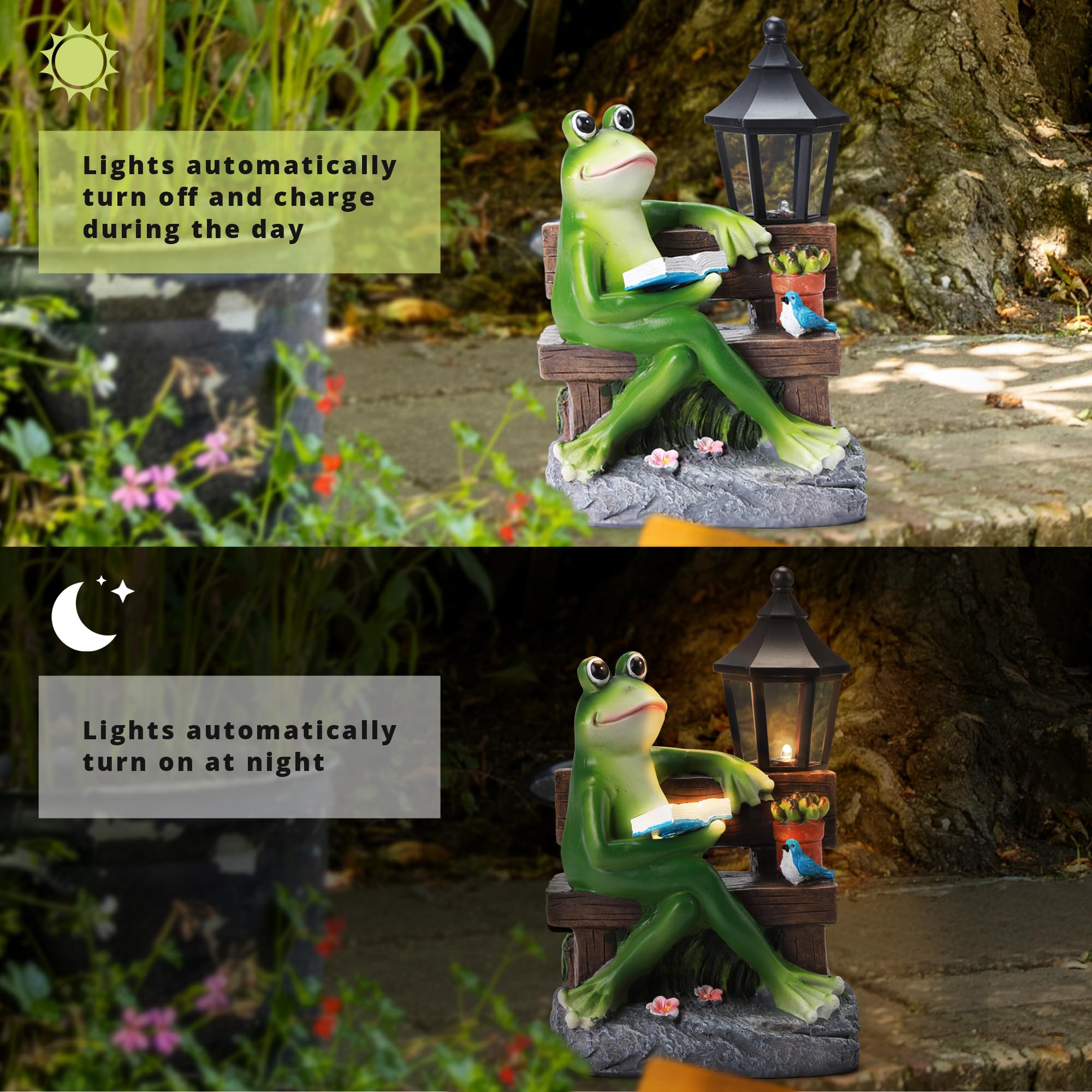Outdoor Resin Reading Frog Statues, Solar Frog Garden Statues, Garden Frogs Outdoor Decor For Lawn, Balcony, Yard Decoration, Fr