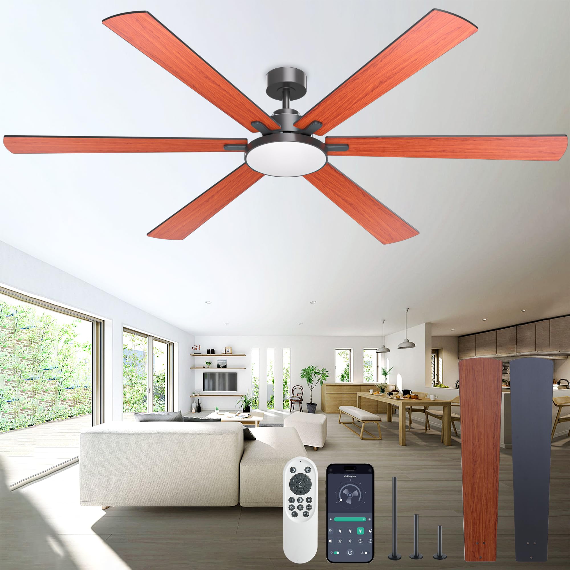 80 Inch Ceiling Fans with Lights and Remote Control, Indoor/Outdoor Flush Mount Low Profile, Commercial Reversible Dimmable Ceil