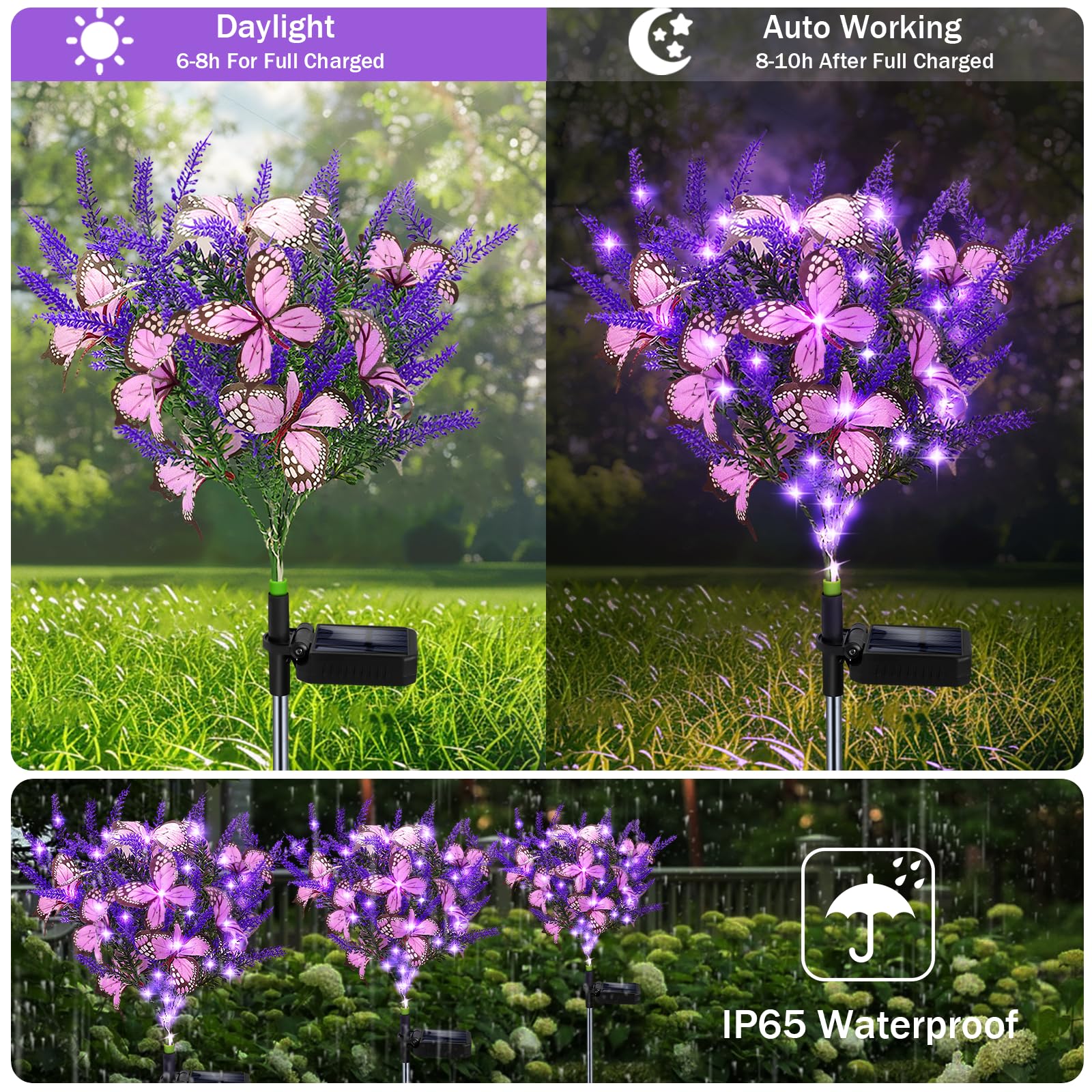 Solar Garden Lights Outdoor, 2 Pack Purple Lavender Solar Butterfly Lights Gardening Gifts For Women, Purple Solar Artificial Flower With Butterfly Purple Garden Decor For Lawn Patio