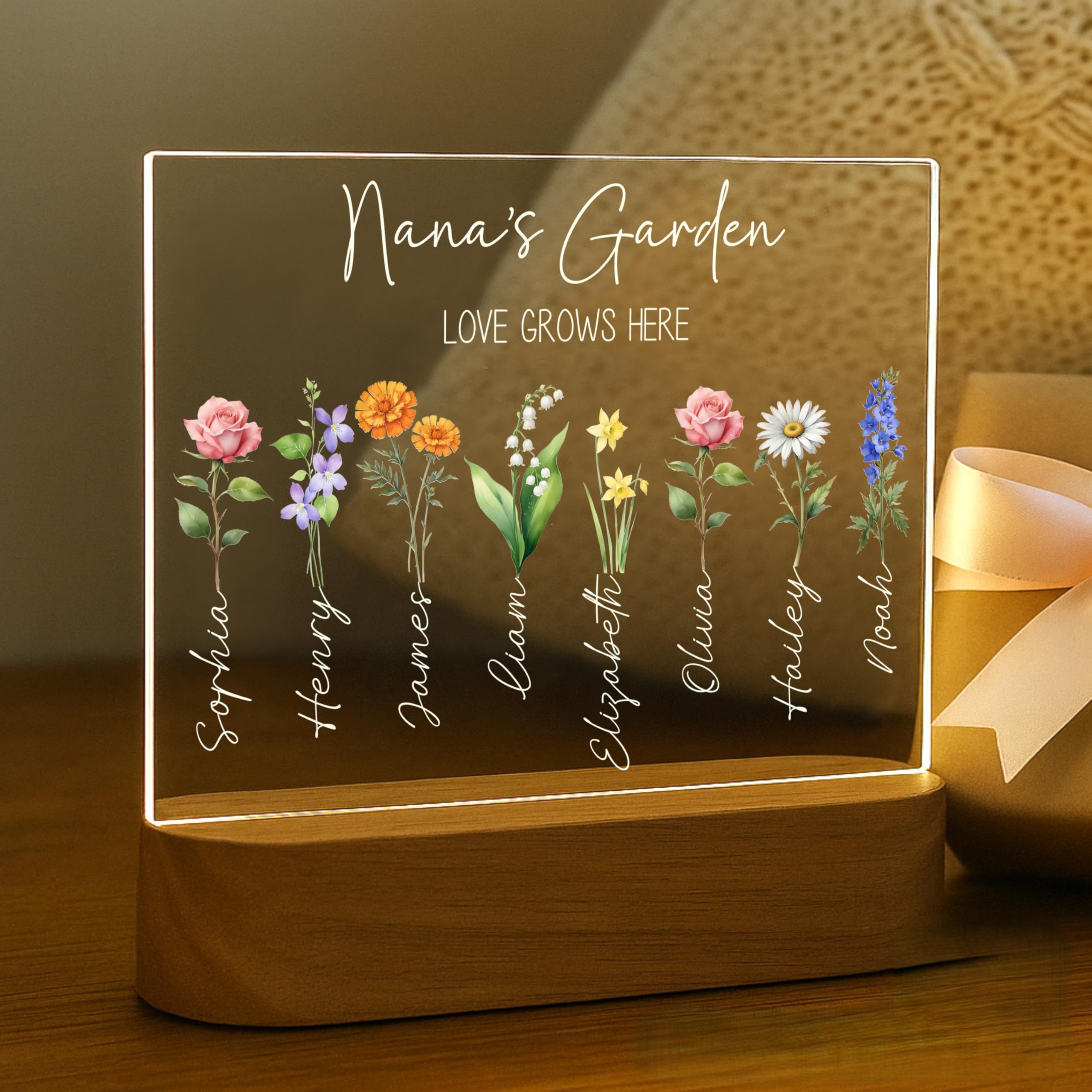 Grandmas Garden LED Night Light | Personalized Mothers Day Gifts for Mom | Customizable Lamp, Birth Month Flower Decor with 8 Na