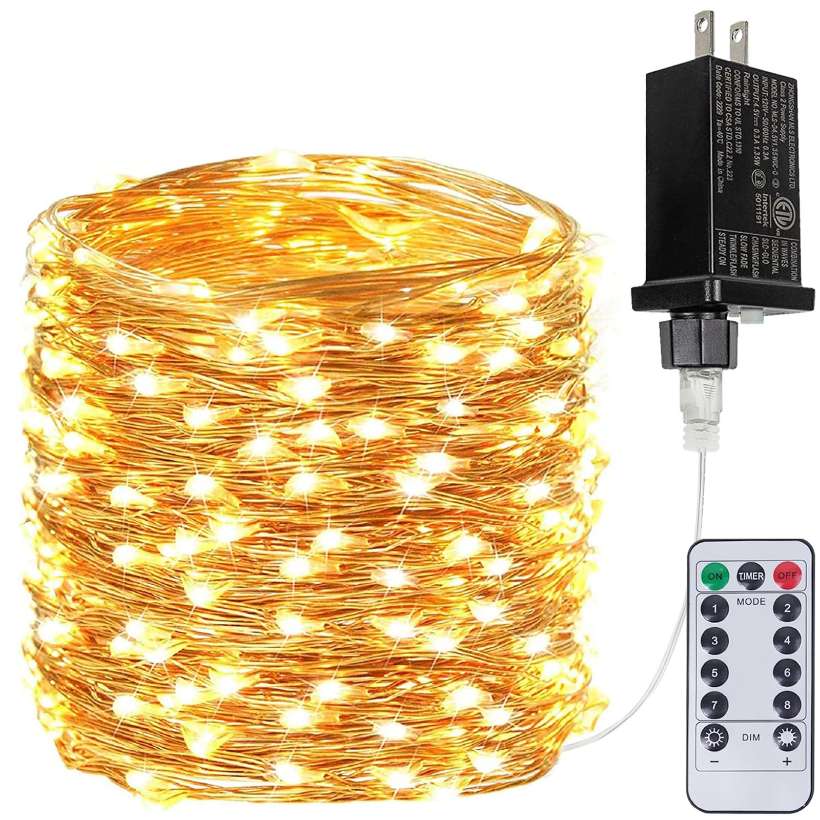 BHCLIGHT 66Ft 200LED Fairy Lights with Remote, Waterproof, 8 Modes, Warm White, Model MLS-D4.5V1.35WUC-O