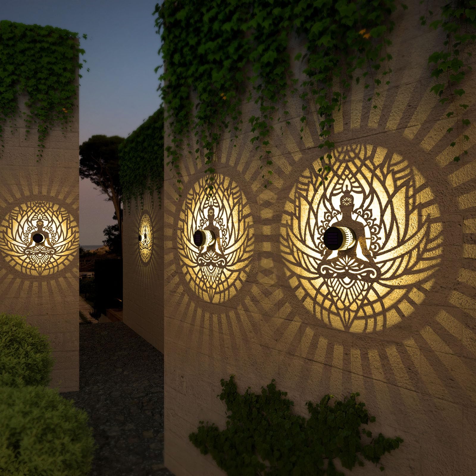 Gardencave Solar Fence Lights - 4 Pack Zen Theme Waterproof Outdoor Decor for Garden, Patio, Deck, Model Fence1