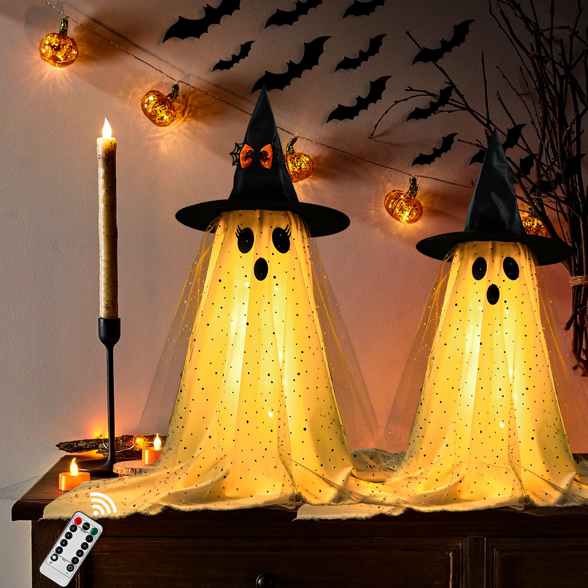 AYGXU 2pcs Halloween Decorations Indoor,Ghost Decor with String Lights Remote Control,Halloween Party Decorations,Spooky Ghost L