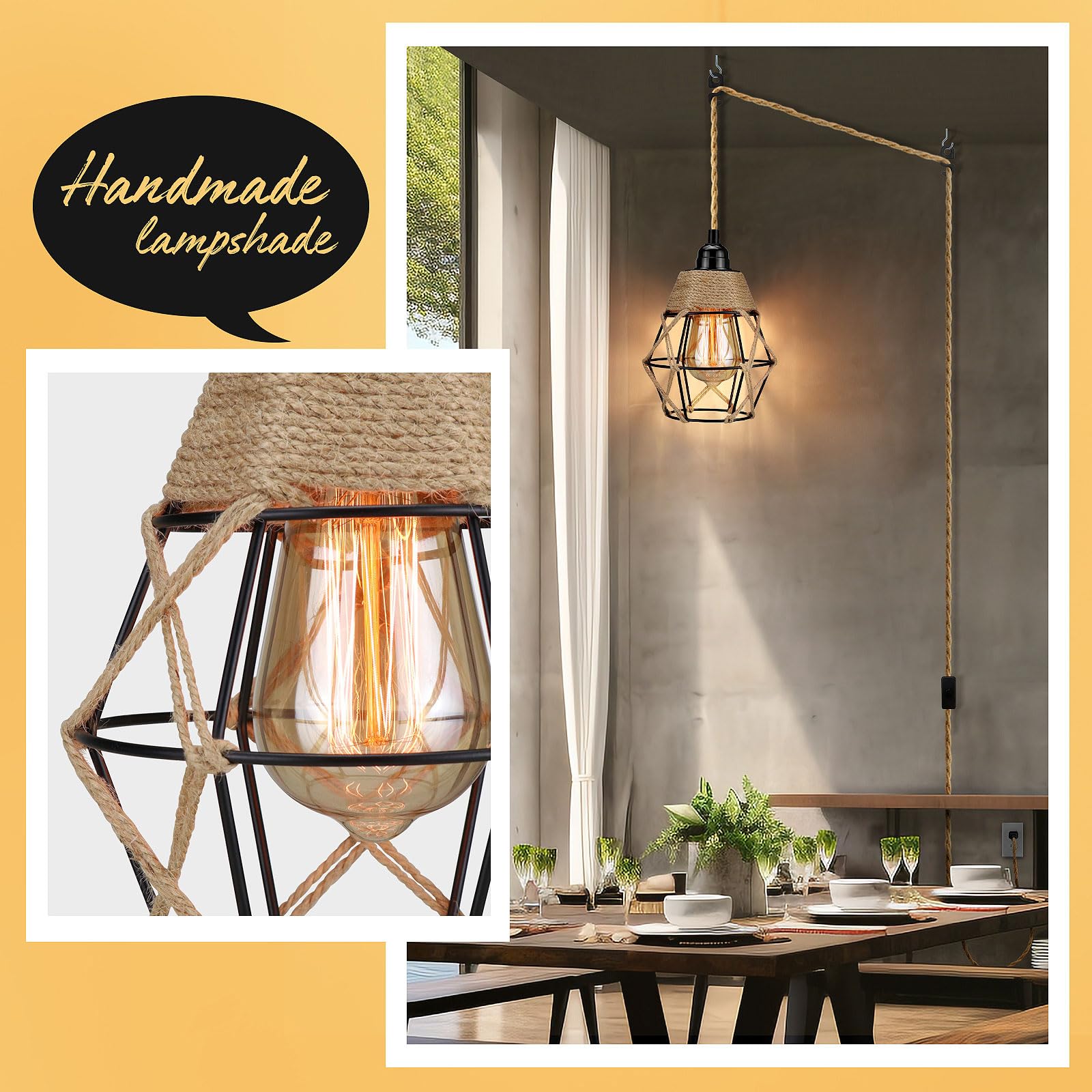 Soodmi Plug In Pendant Light, Industrial Hanging Light With Plug In Cord Hemp Rope On/Off Switch Farmhouse Pendant Light With Plug In Cord, Vintage Pendant Light Fixture, Hanging Lamps For Dining Room