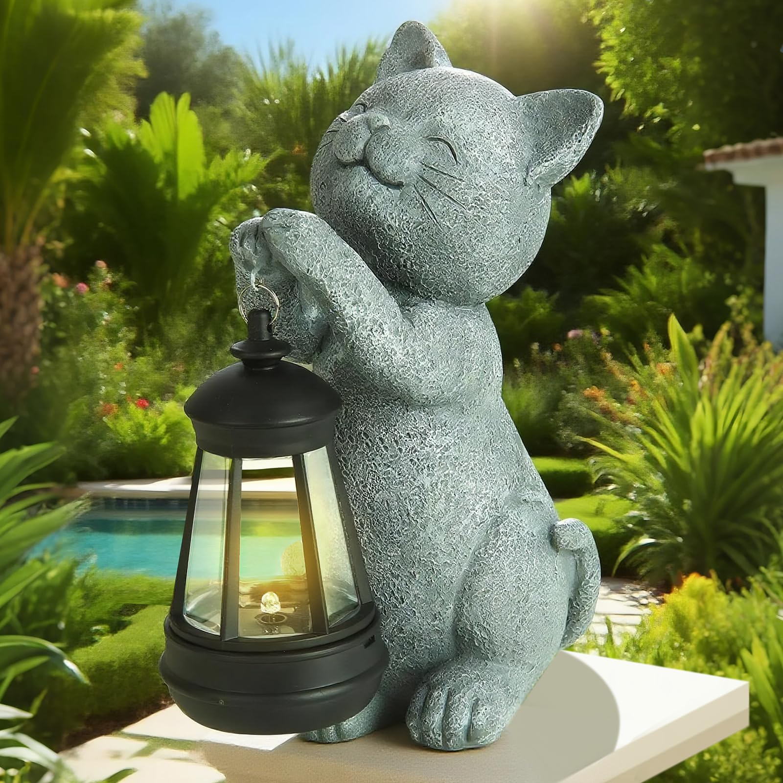 Solar Cat Garden Statue with LED Light - Cute Cat Figurine for Outdoor Decor  Weatherproof Resin Night Light for Yard Patio Lawn  Gift for Cat Lovers Women Mom Grandma