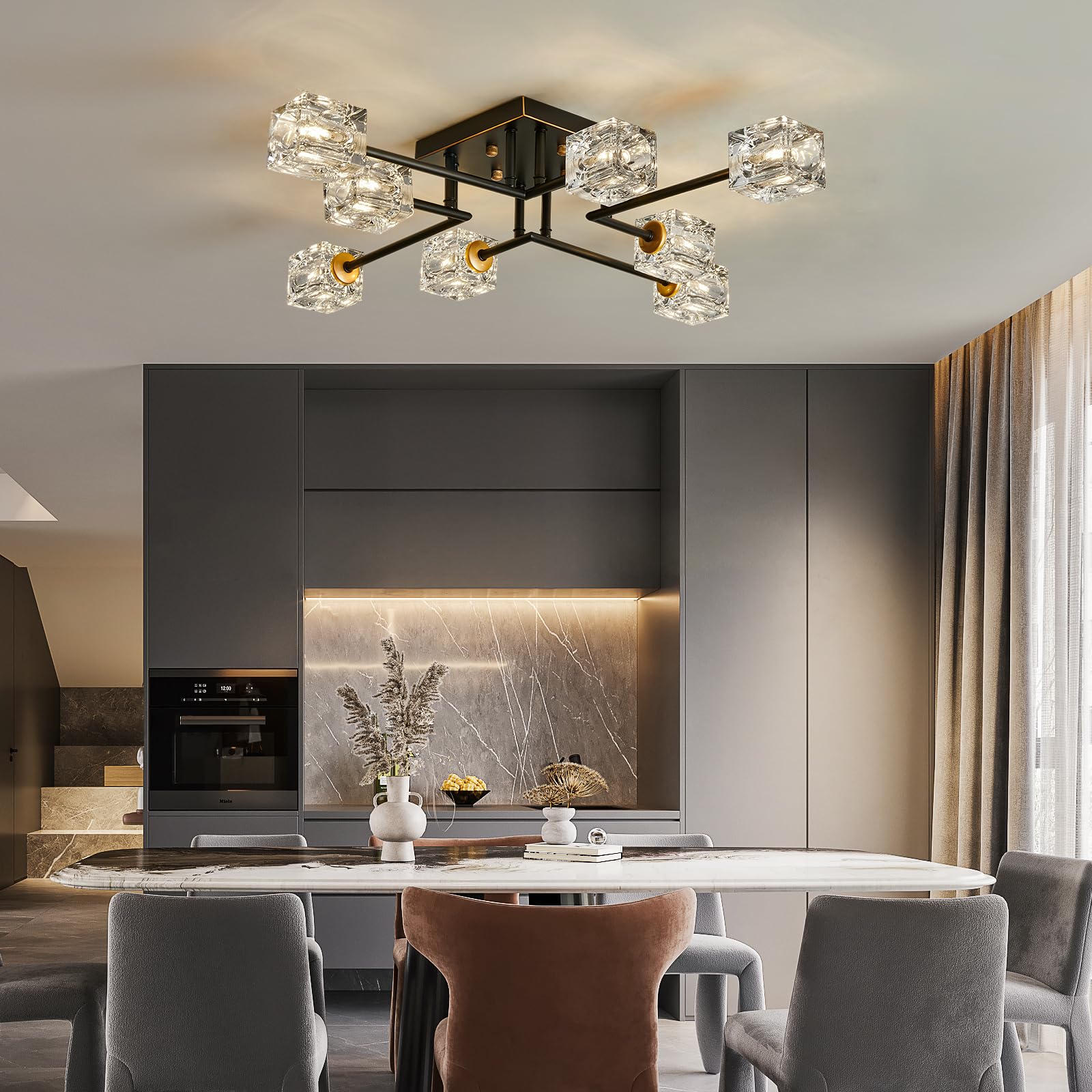 Qgiytp Modern 8-Light Semi Flush Mount Ceiling Light Fixture Black And Gold Chandelier Farmhouse Ceiling Lamp For Dining Room Be