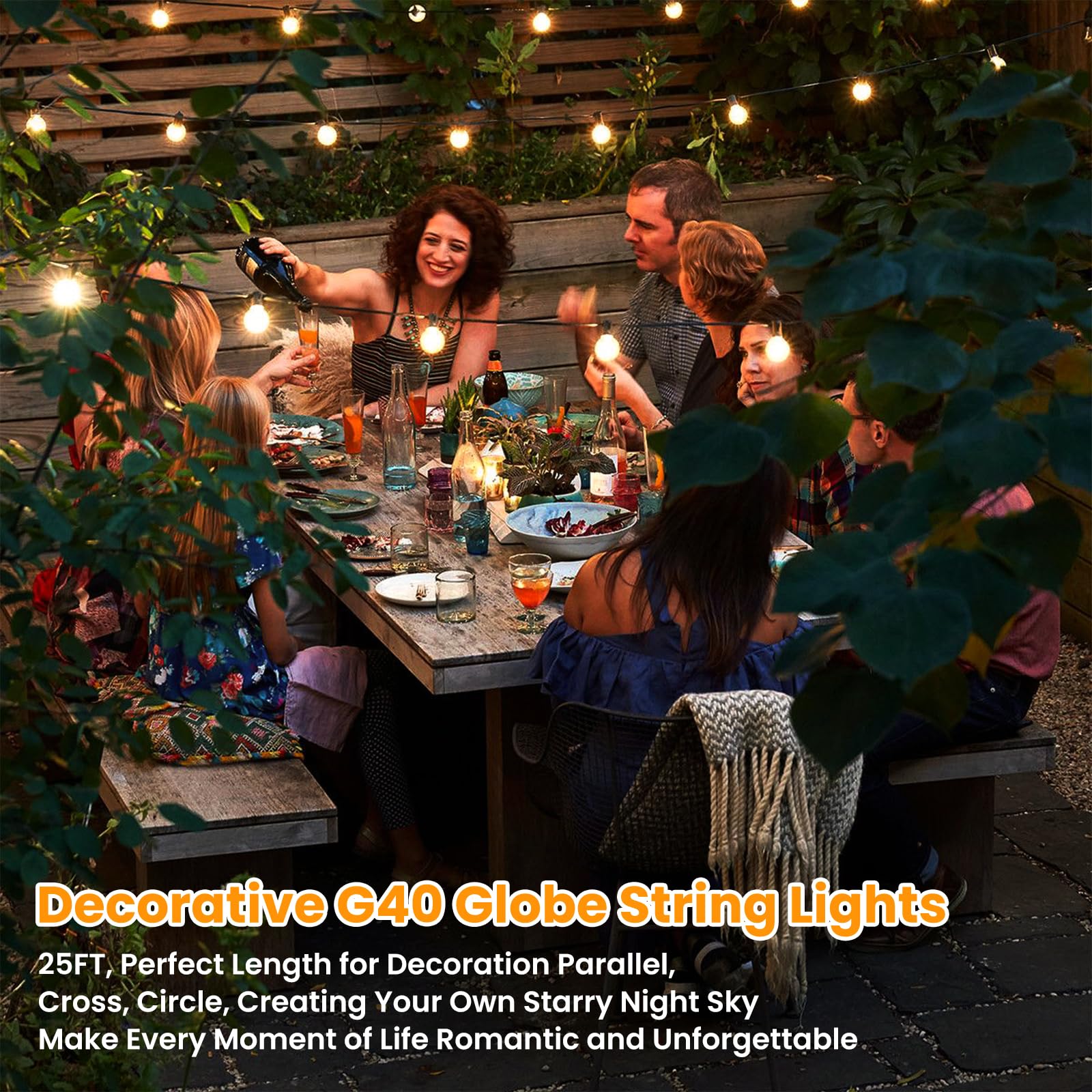25Ft Outdoor G40 Led Globe String Lights Dimmable Waterproof Shatterproof Light Strings With 13 Bulbs Connectable Commercial Han