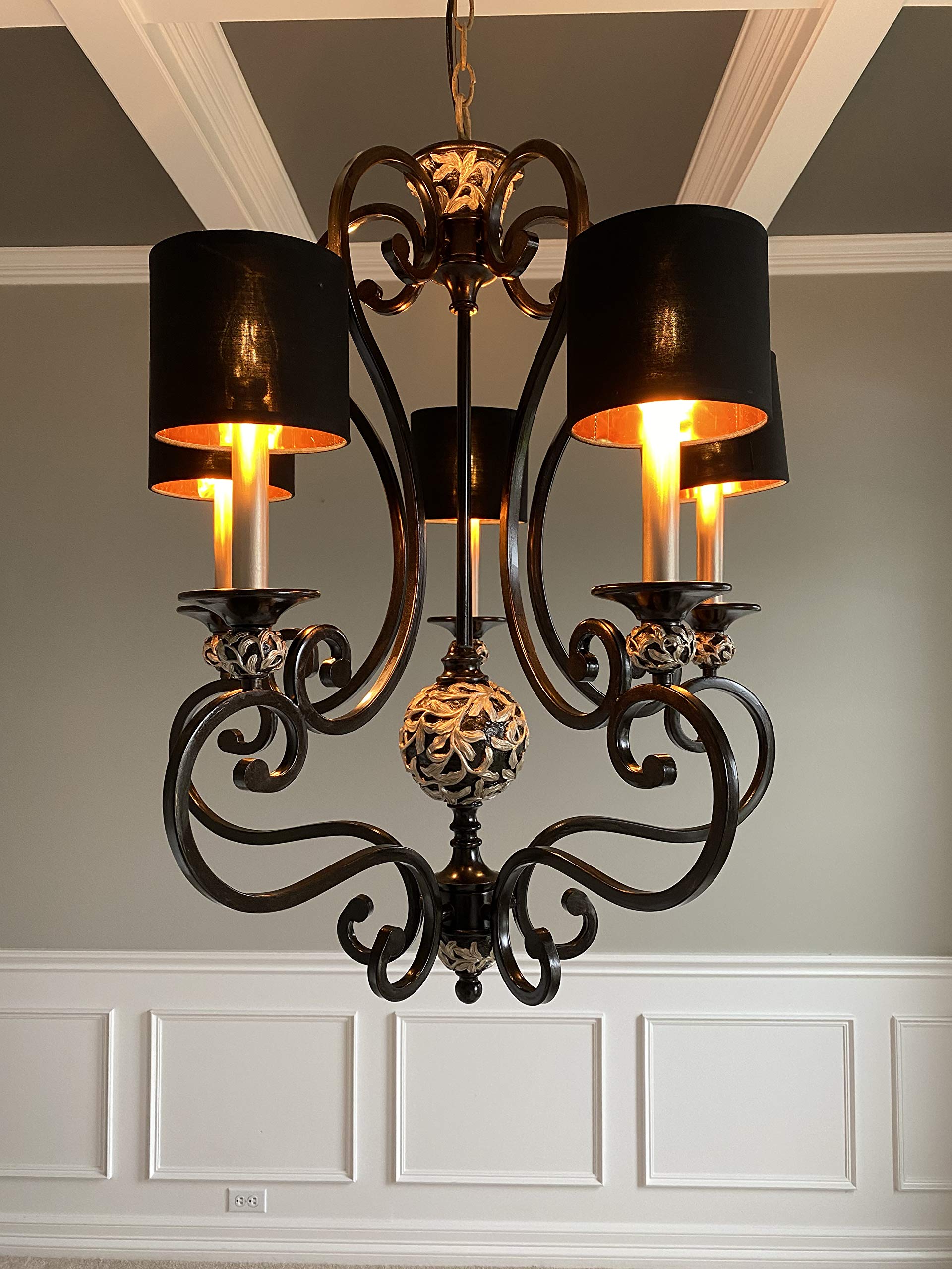 Wellmet Small Drum Lamp Shades Set of 6, 5.5"x5.5"x5", Black Gold Fabric, Clip-on for Candle Bulbs