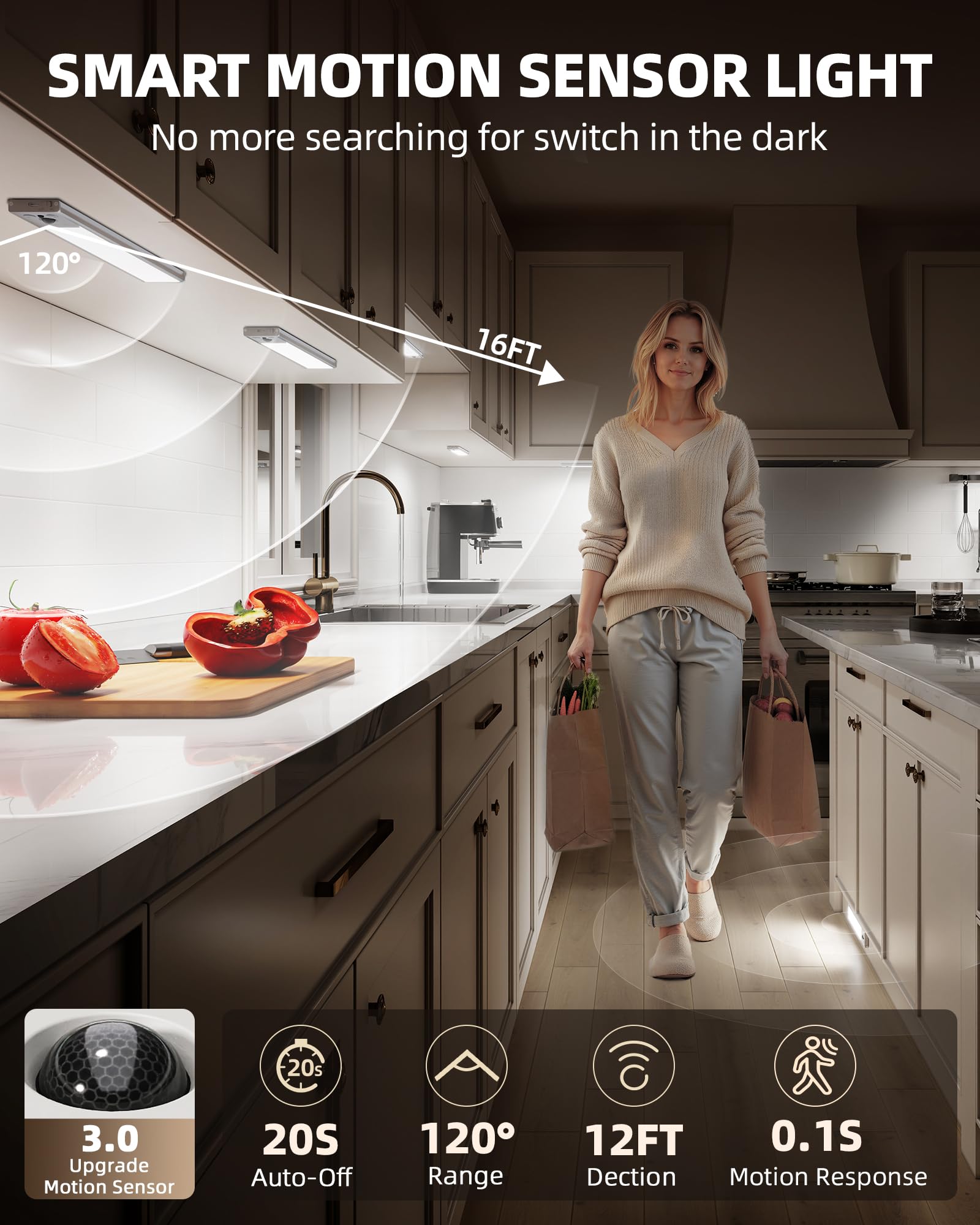 EZVALO Under Cabinet Lighting, 3 Pack, 4000mAh Rechargeable, Motion Sensor, Dimmable, 16inch, Aluminum, Wireless Remote