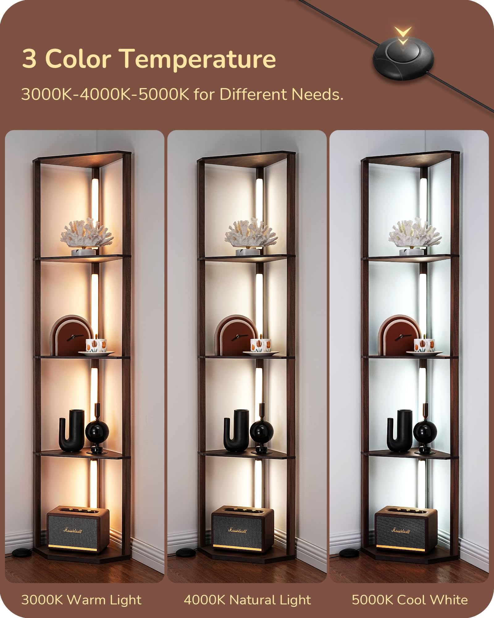 EDISHINE Dimmable LED Floor Lamp with Shelves, 44 x 33.5 x 16 inches, Walnut, Model HFLHA1C, Modern Corner Lamp for Living Room and