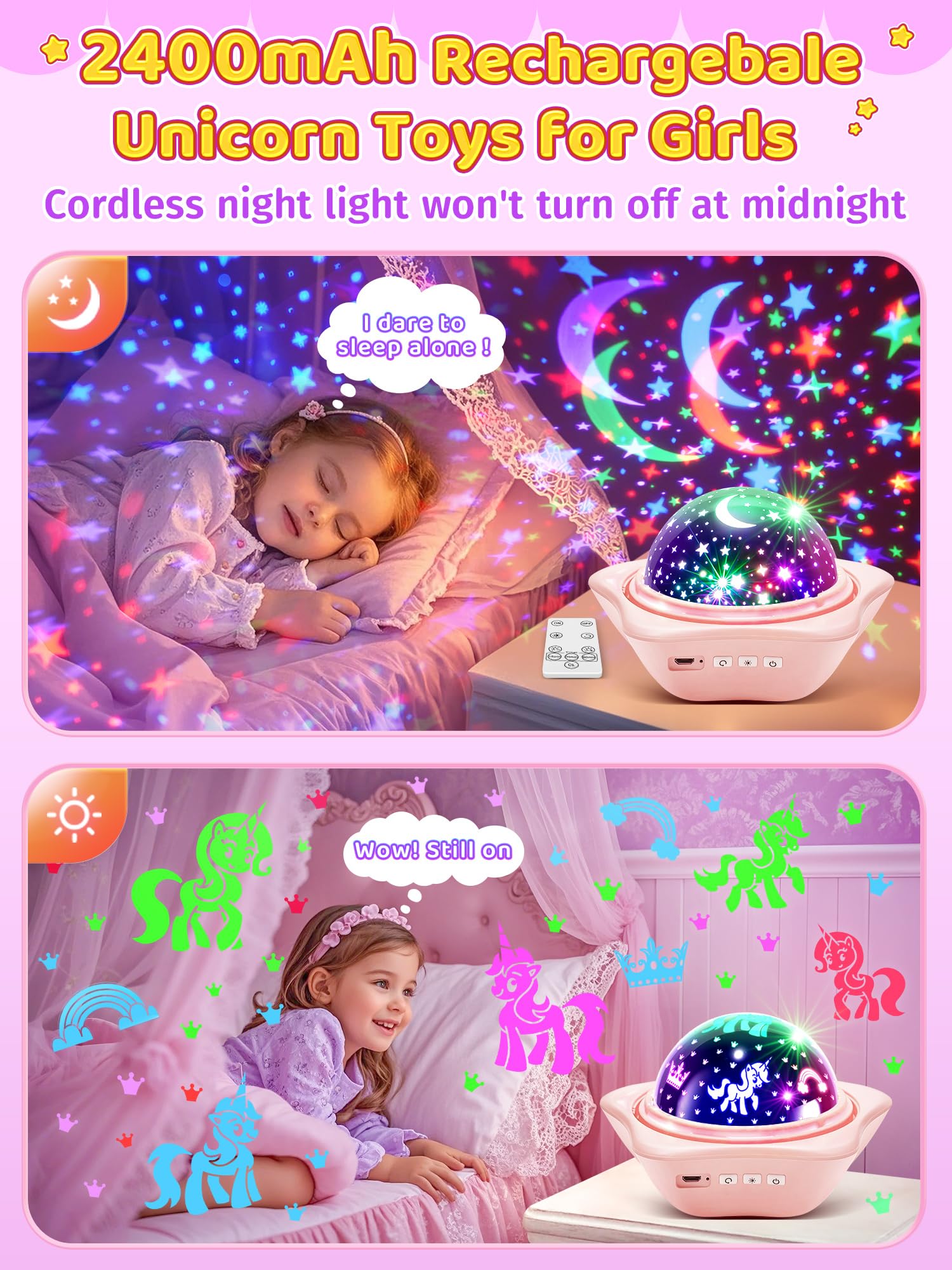 PIKOY Kids Night Light Projector - 90 Modes, 6 Films, Dimmer, Timer, Rechargeable, Pink Butterfly/Princess/Mermaid Room Decor