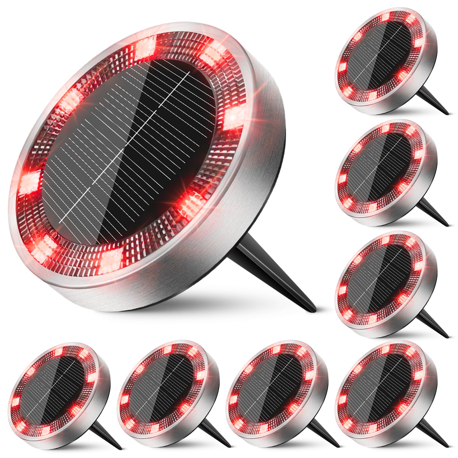 Peasur Mini Solar Ground Lights Outdoor  8 Pack Flat Solar Powered Disc Lights  Ip68 Waterproof  Anti-Rust  Landscape Lighting For Pathway Garden Yard Lawn Walkway Landscape Driveway  Red