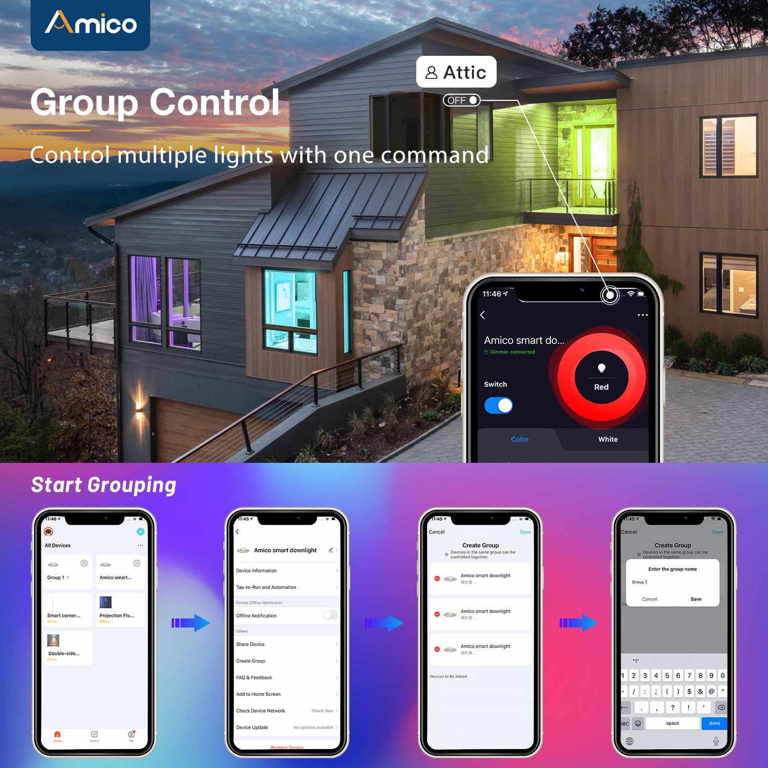 Amico 6 Pack Smart WiFi LED Recessed Can Lights, RGBCW Color Changing, 12W, Baffle Trim, APP Control, Dimmer Compatible, Model TP120-RD