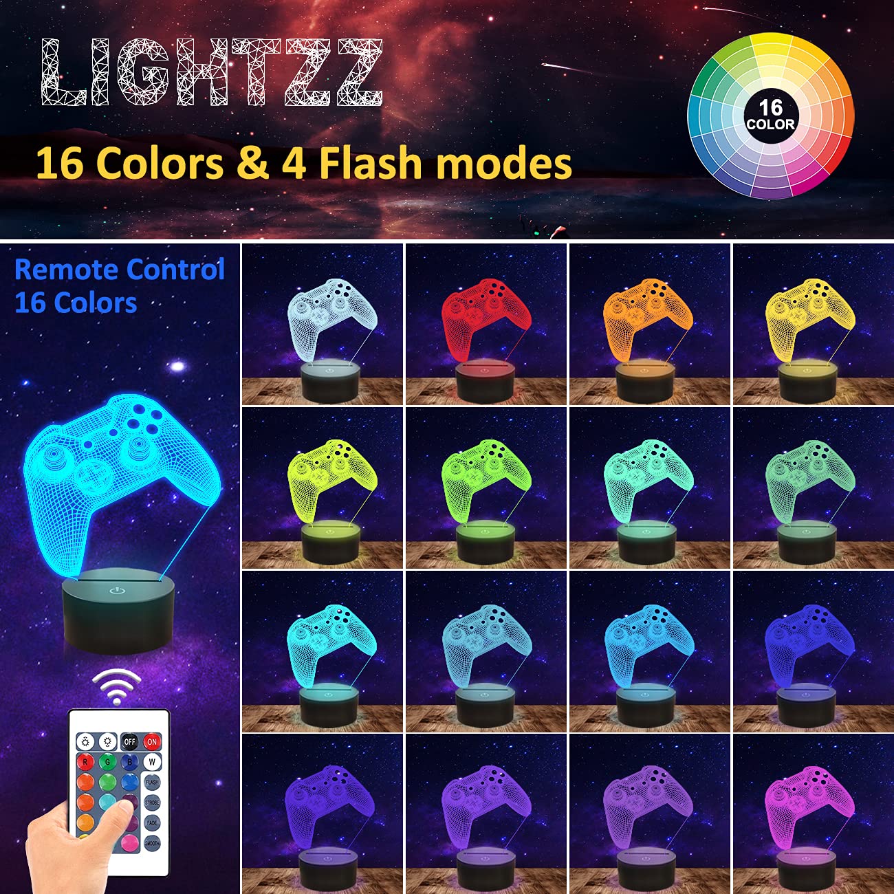 3D Gamepad Night Light, Game Console Illusion Lamp With Remote + Touch 16 Color Flashing Changing + Timer Desk Lamps Kids Room D