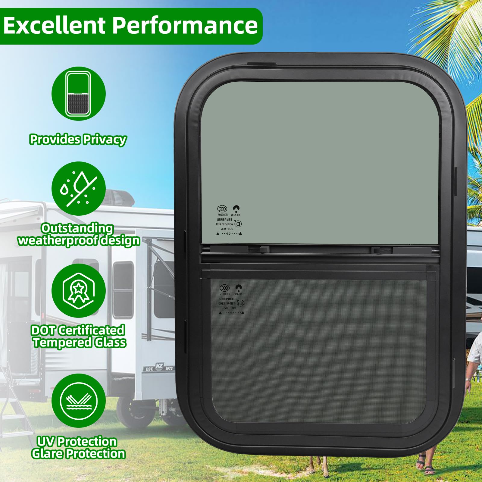 NOVINO RV Windows Replacement for Cargo Trailer, 15inW x 22inH, Vertical Sliding, Black, Model NRW-004, Fits 15/16in or 1-3/8in