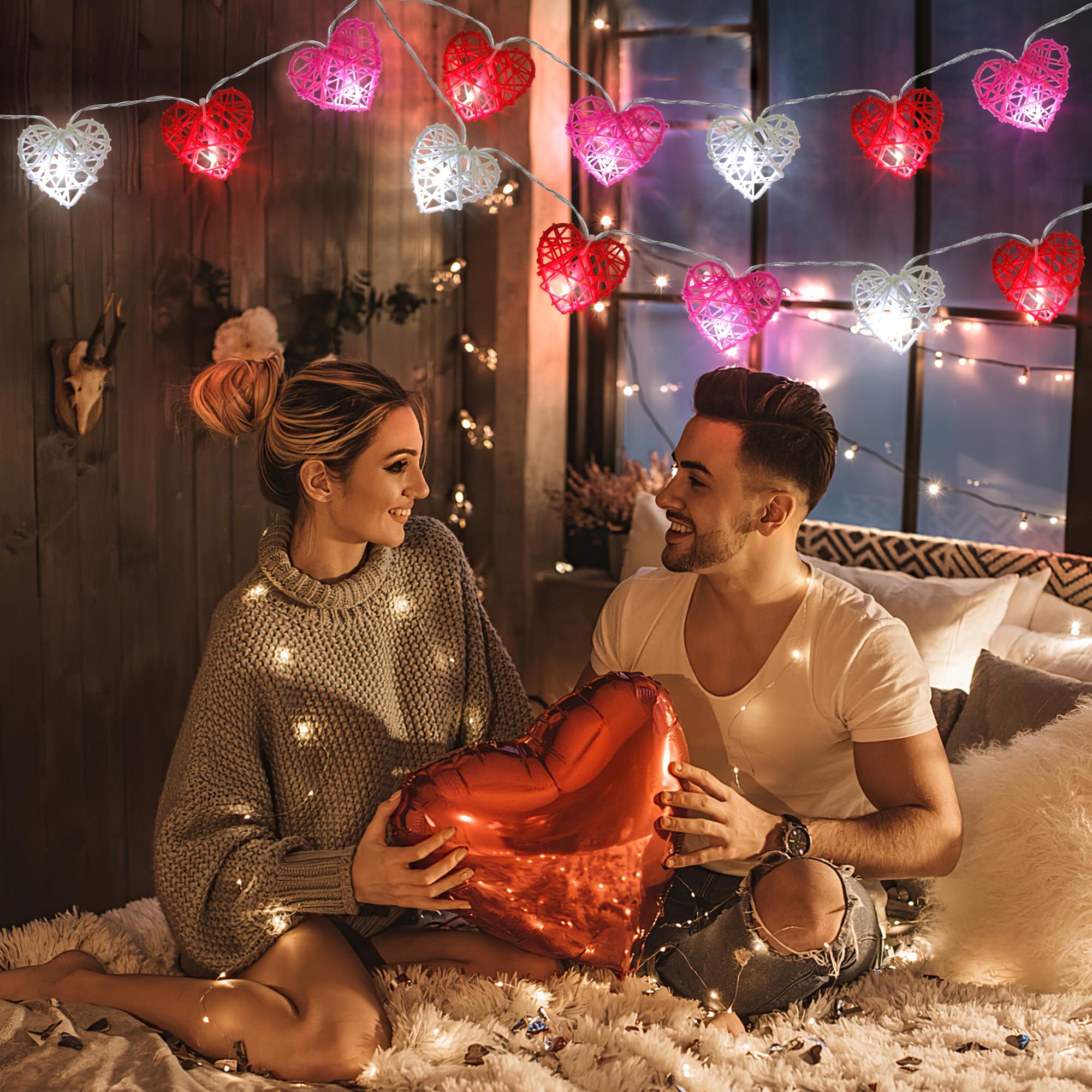 [Timer] Valentines Day Decorations Red Pink White Heart Lights 10FT 20LED 3D Hollowed Rattan Big Heart String Light Battery Oper