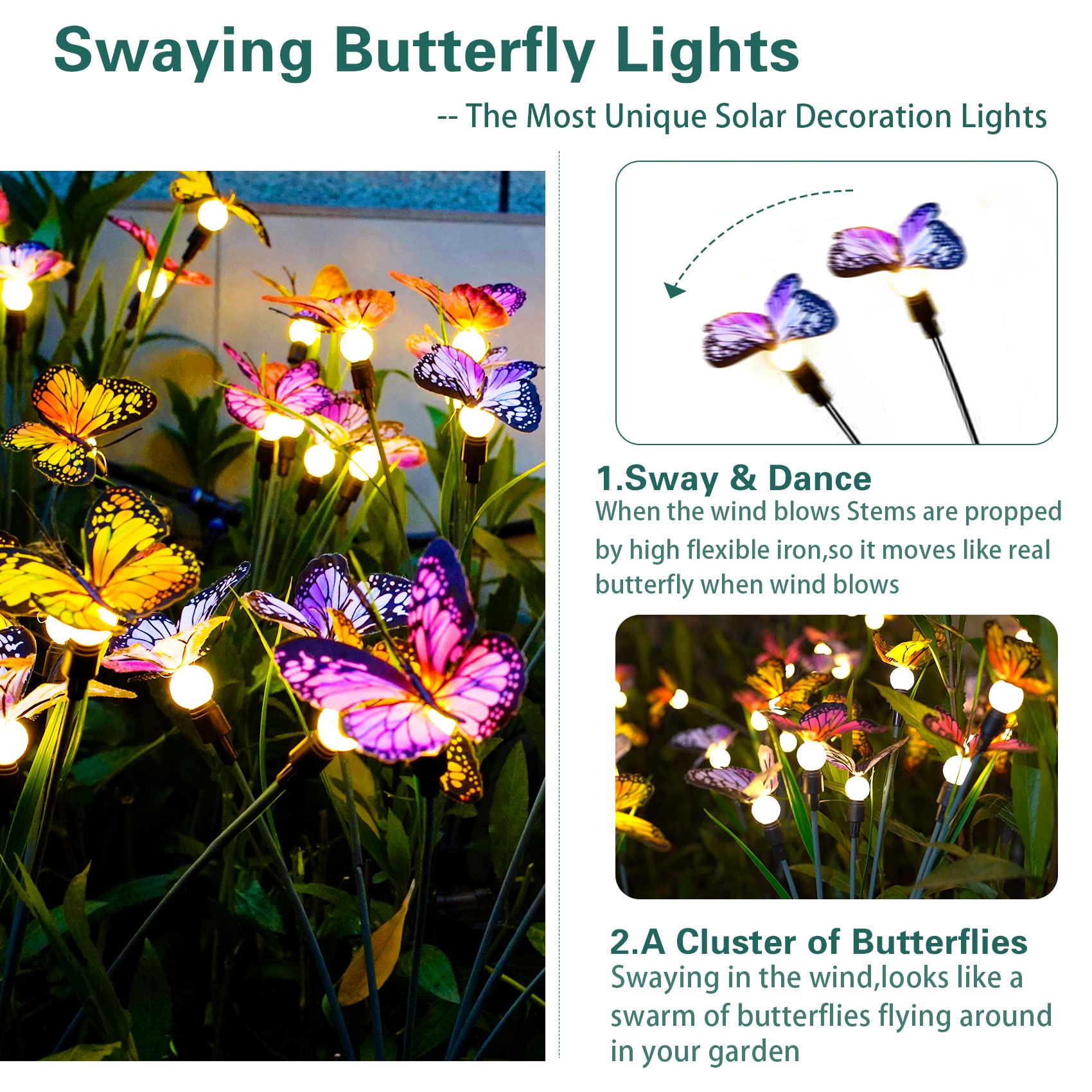 TONULAX Solar Garden Lights - Swaying Butterfly, 2 Pack, Multicolor, Flexible Iron Wire, Outdoor Yard Decoration