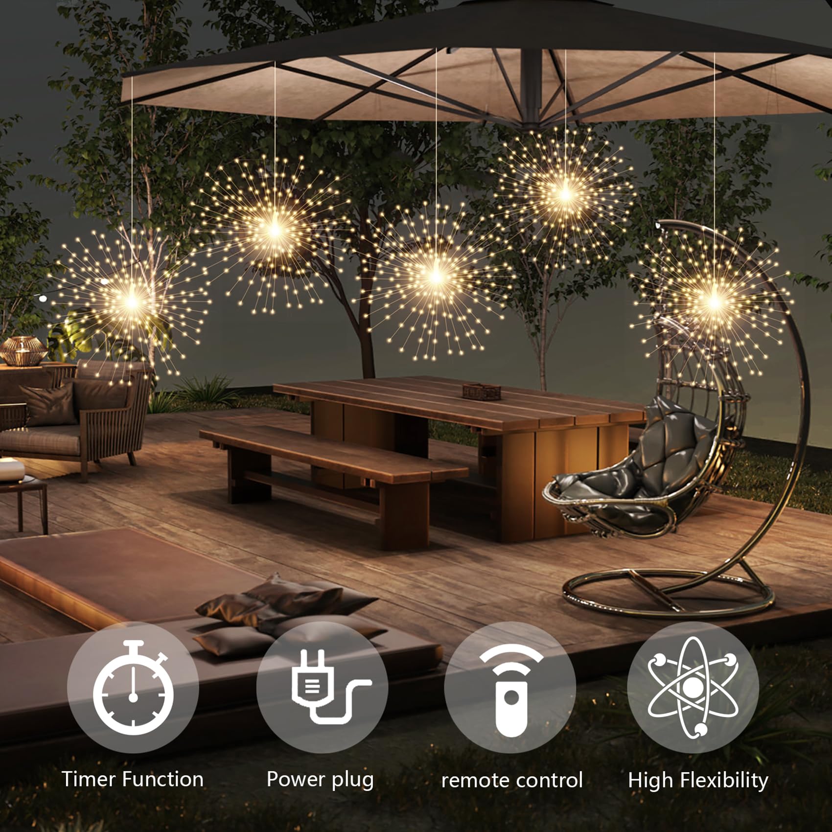 SHUKAN 5 Pcs 1000 LED Starburst Sphere Lights, Warm White, Dimmable, Remote Control, Waterproof for Party & Christmas Decor