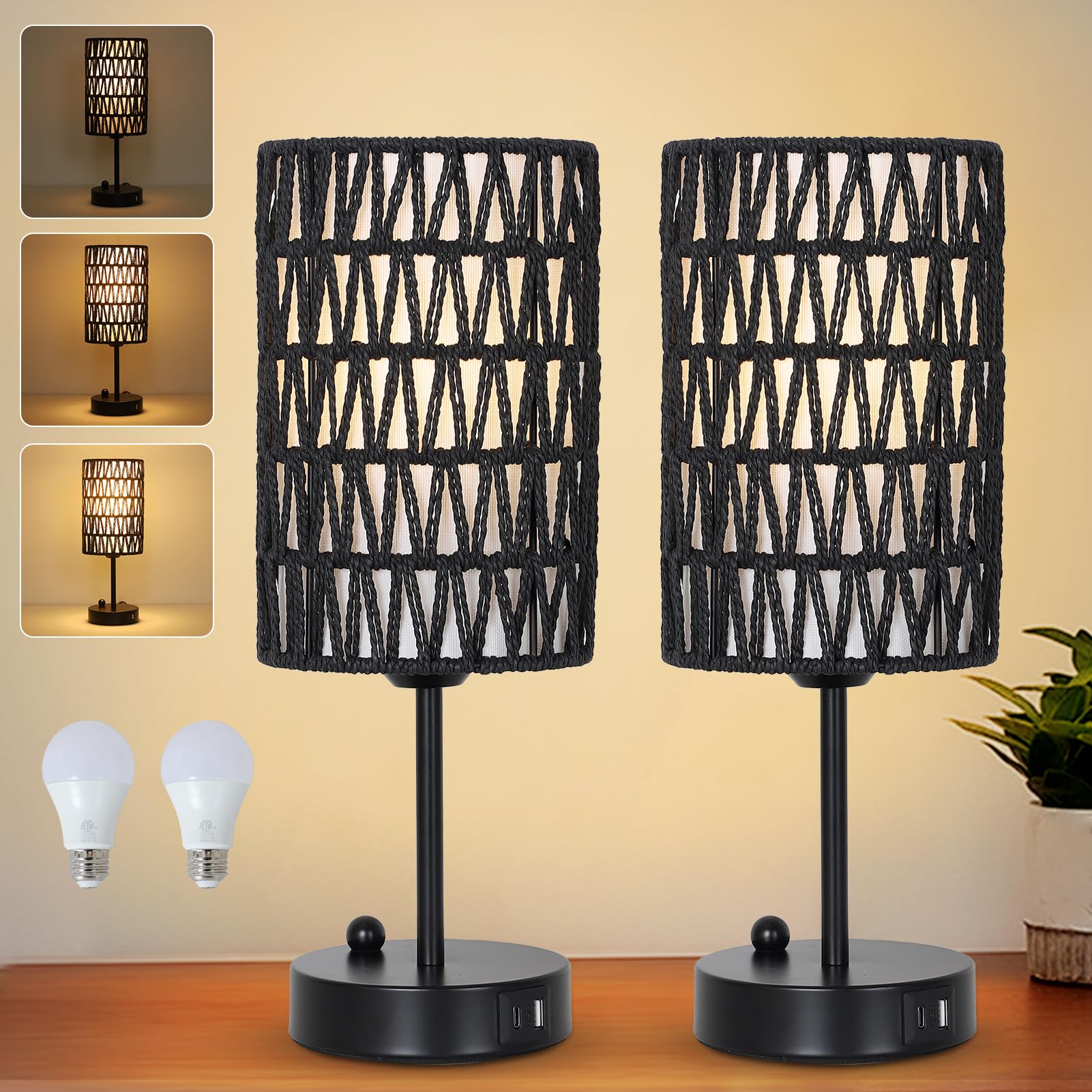 Eayaya Black Bedside Lamps Set of 2, Touch Control Night Stand Lamp for Bedroom with Rattan & Linen Shade & Bulbs, 3 Way Dimmabl