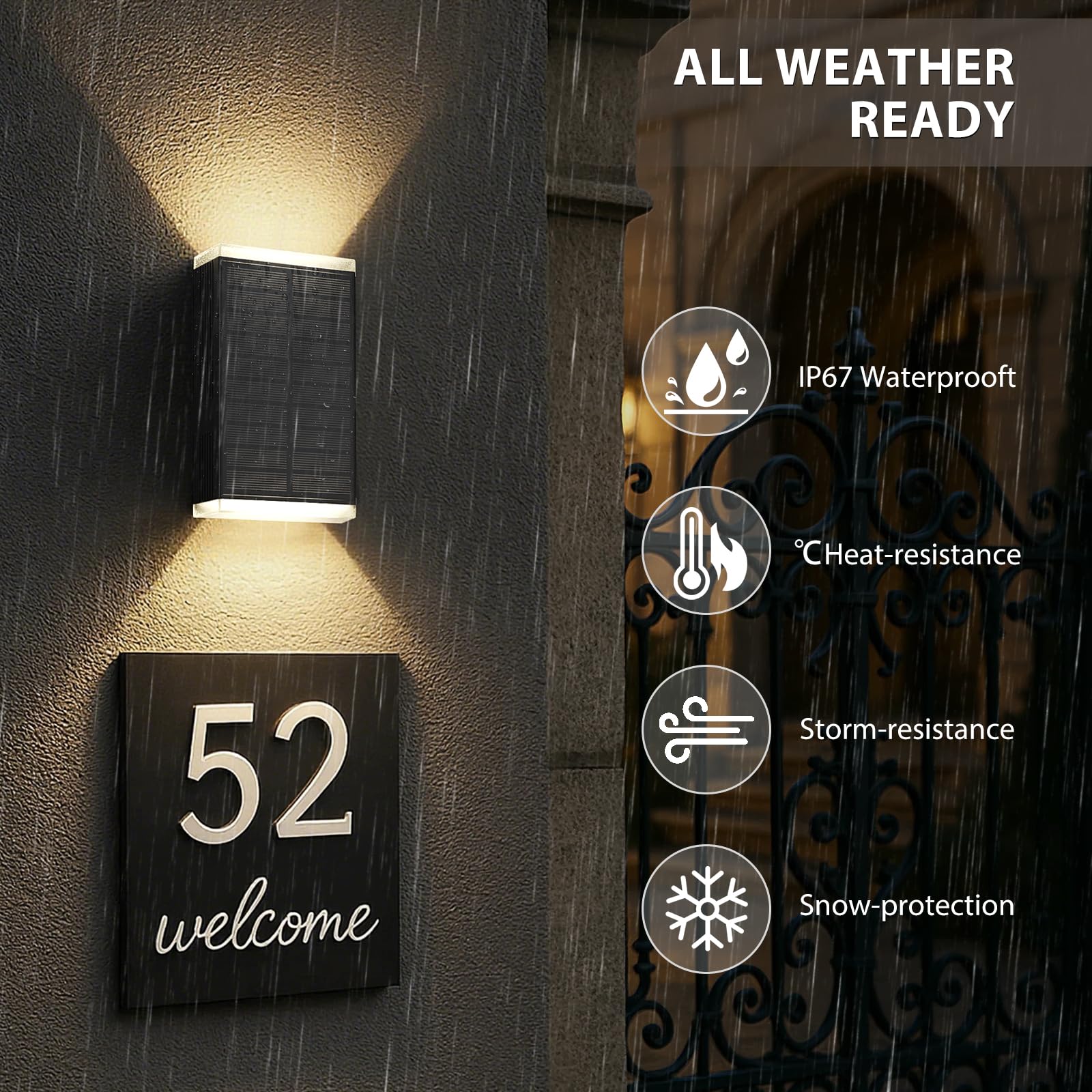 UGDLUCK Solar Wall Light Outdoor, IP67 Waterproof, 3000/4000/6000K, 1 Pack, Durable ABS, Model CD006
