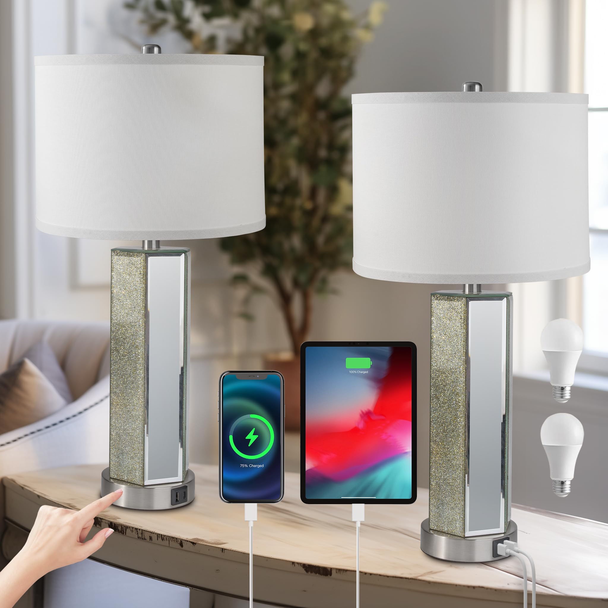 Velxee Touch Control Table Lamps Set Of 2, Modern Silver Mirror Bedside Lamp With 2 Usb Ports, 3-Way Dimmable Real Marble Gold N