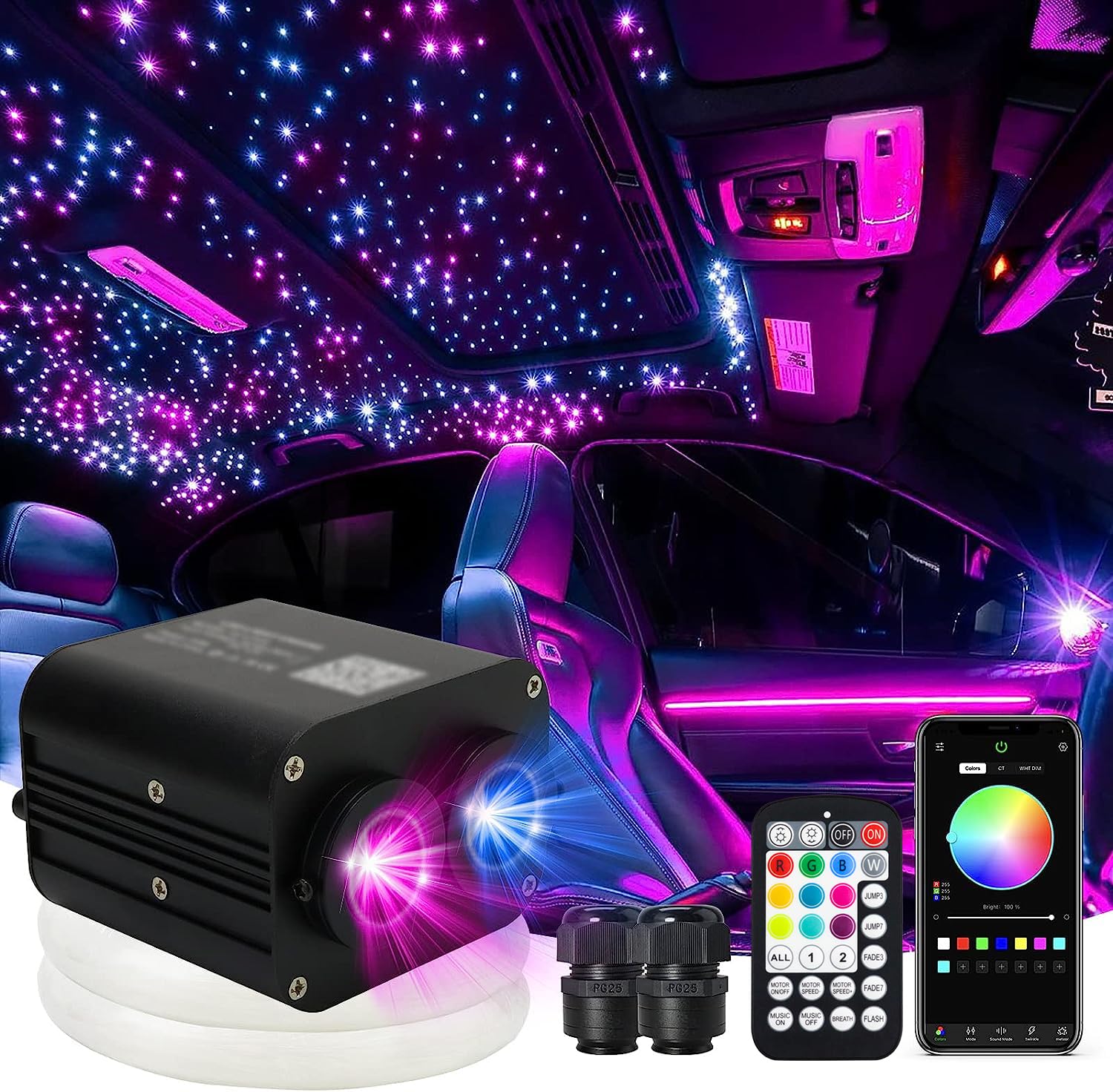 Amki Dual Color 20W Twinkle Starlight Headliner Kit 900Pcs 0.03In 9.8Ft Fiber Optic Star Ceiling Light Sound Activated Music Mode App/Remote Control Dual Port Light Box For Car Home Roof Decor