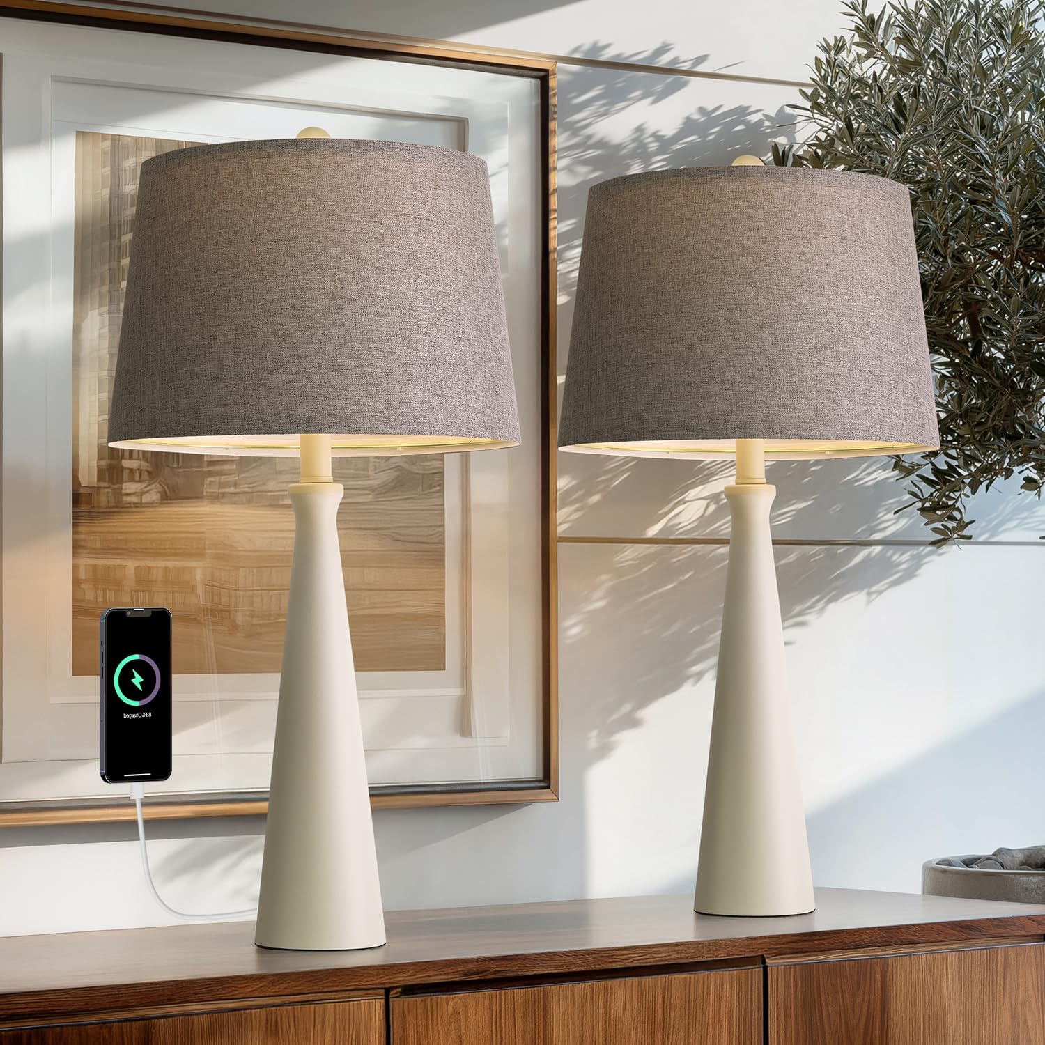 Oneach 25.75 White Table Lamp Set of 2, Modern Vintage Bedside Table Lamps with USB Ports, Traditional Nightstand Desk Lamps Set