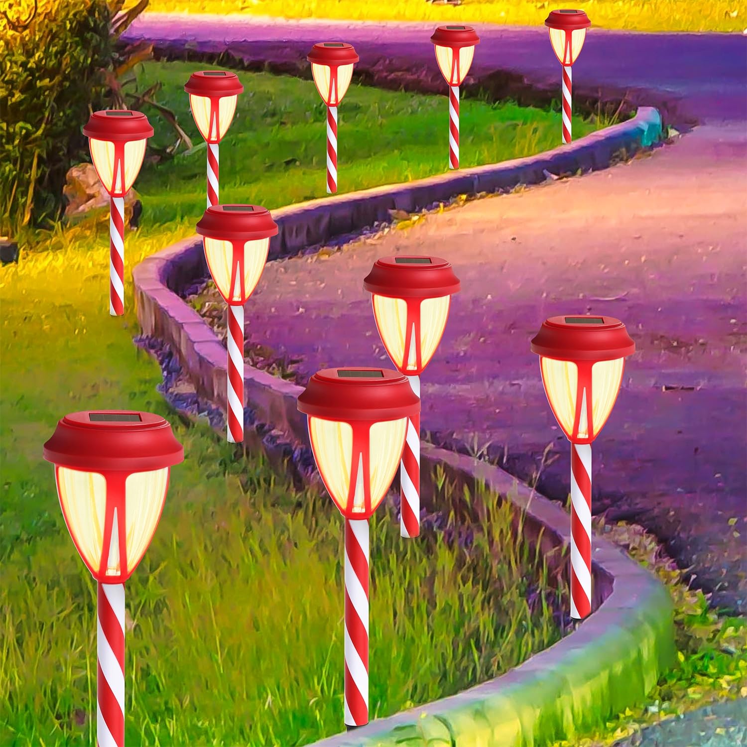 Dynaming 10Pack Solar Christmas Garden Lights  Outdoor Solar Powered Solar Candy Cane Pathway Markers  Waterproof & Auto On/Off Xmas Decorative Lights for Patio Yard Walkway Driveway Decor  Warm White