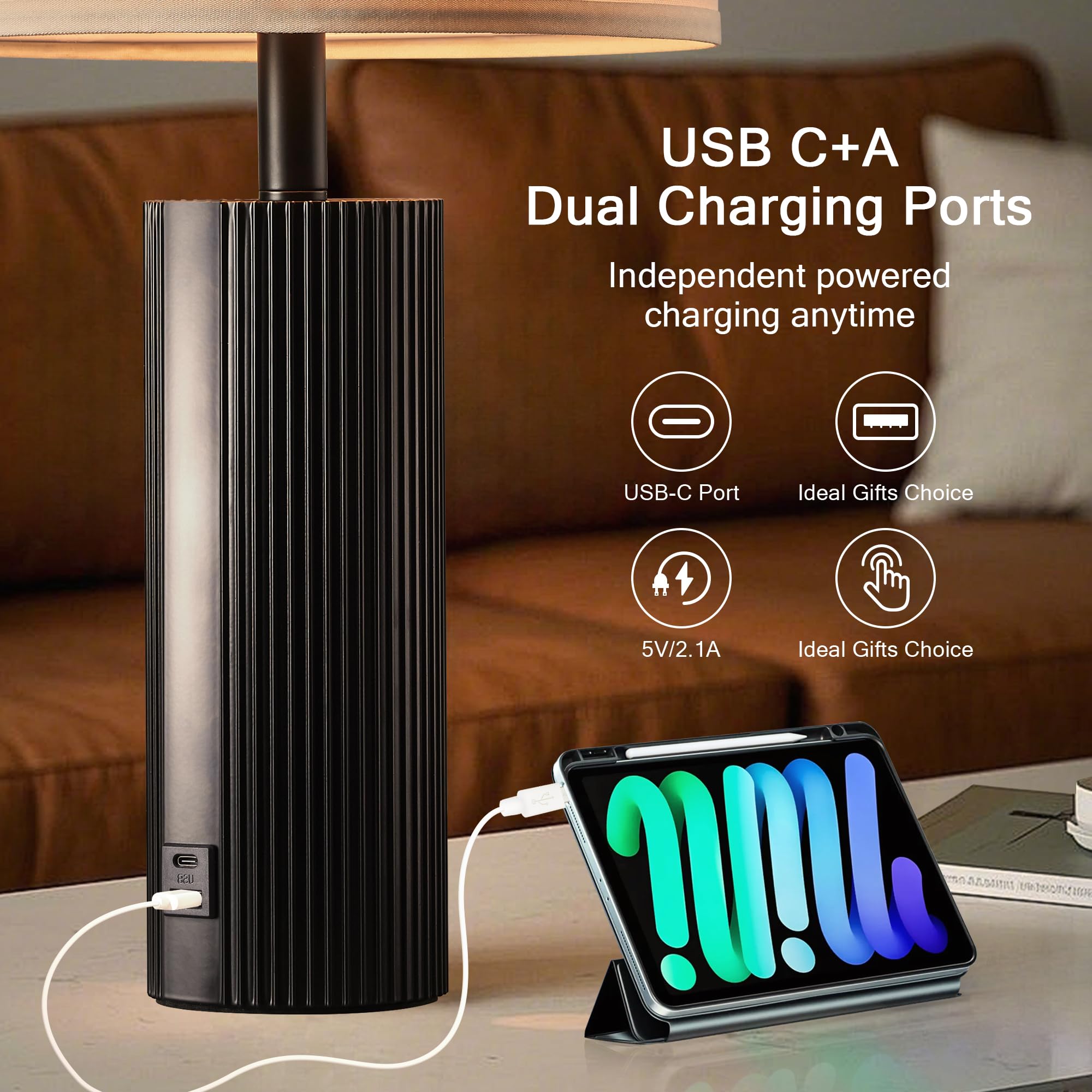 BZZMMB Touch Lamps Set of 2, 24.5" Black Modern Table Lamps with USB Ports, Model 2405-1TBK, Ideal for Living Room & Nightstand