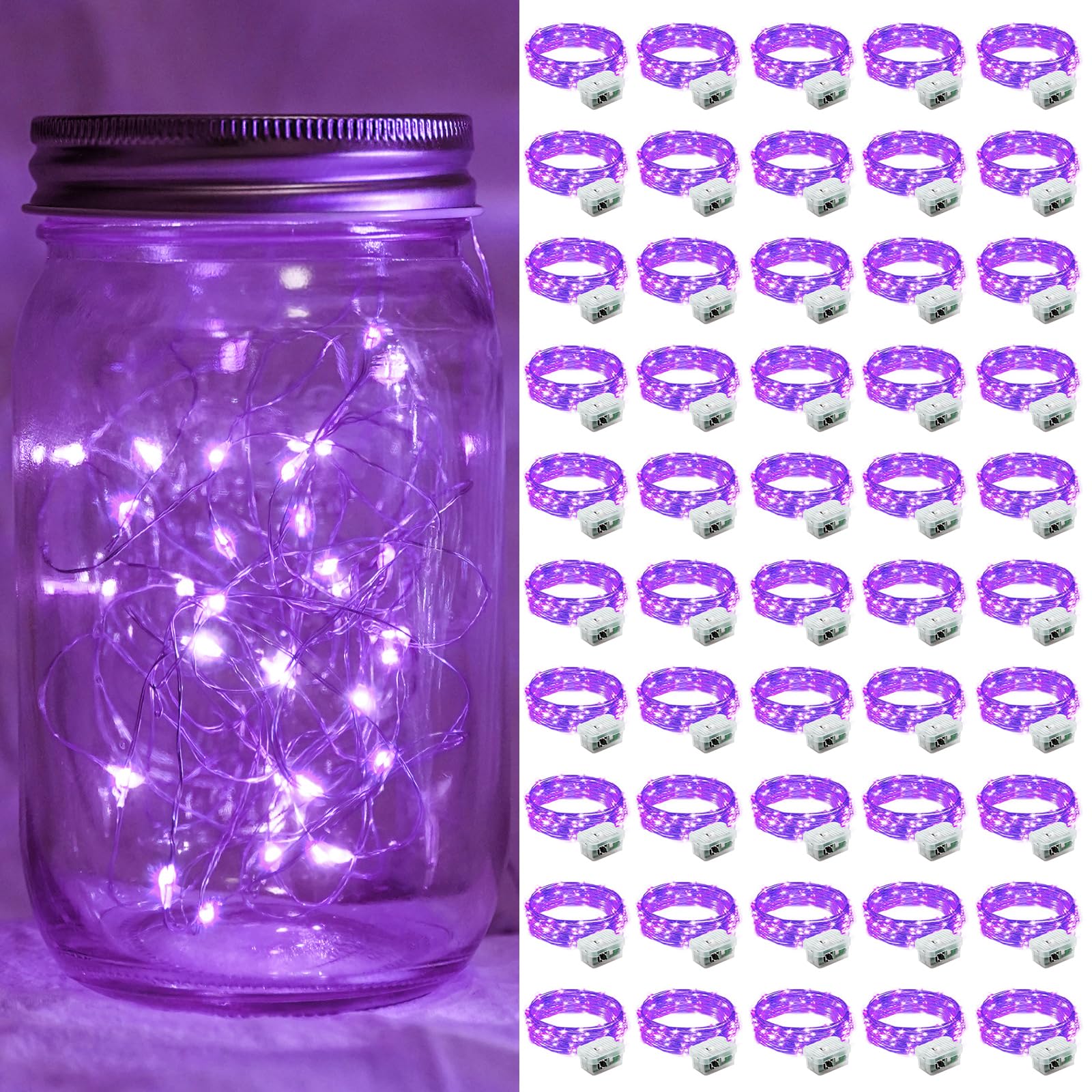 chzk 50 Pack Purple Fairy Lights 7Ft 20 LED Waterproof Battery Operated String Lights A01-Mini for Parties and Weddings