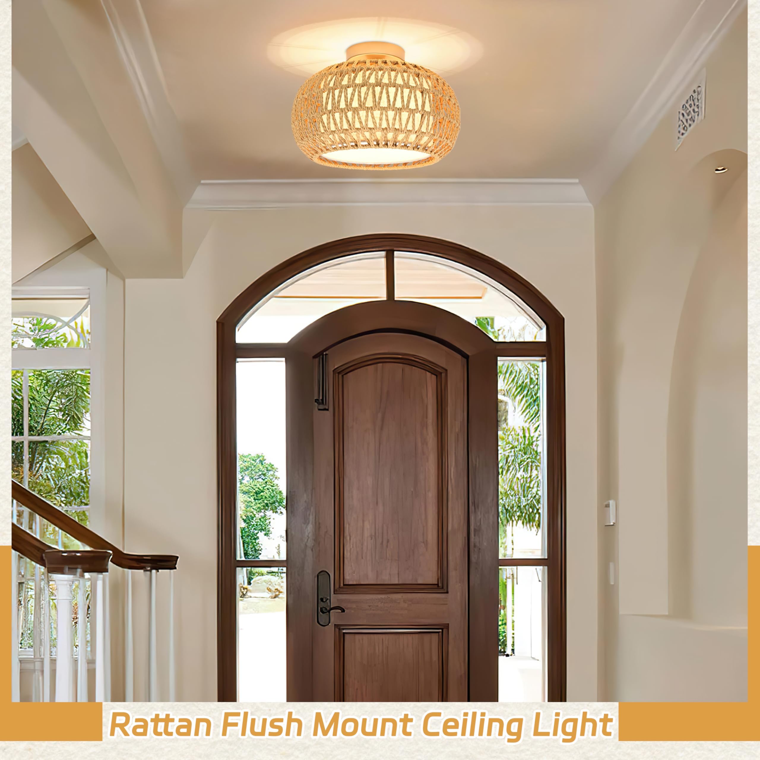 3-Light Rattan Flush Mount Ceiling Light Fixture,12'' Farmhouse Ceiling Lights For Bedroom,Farbic Shade Rattan Ceiling Light Boh