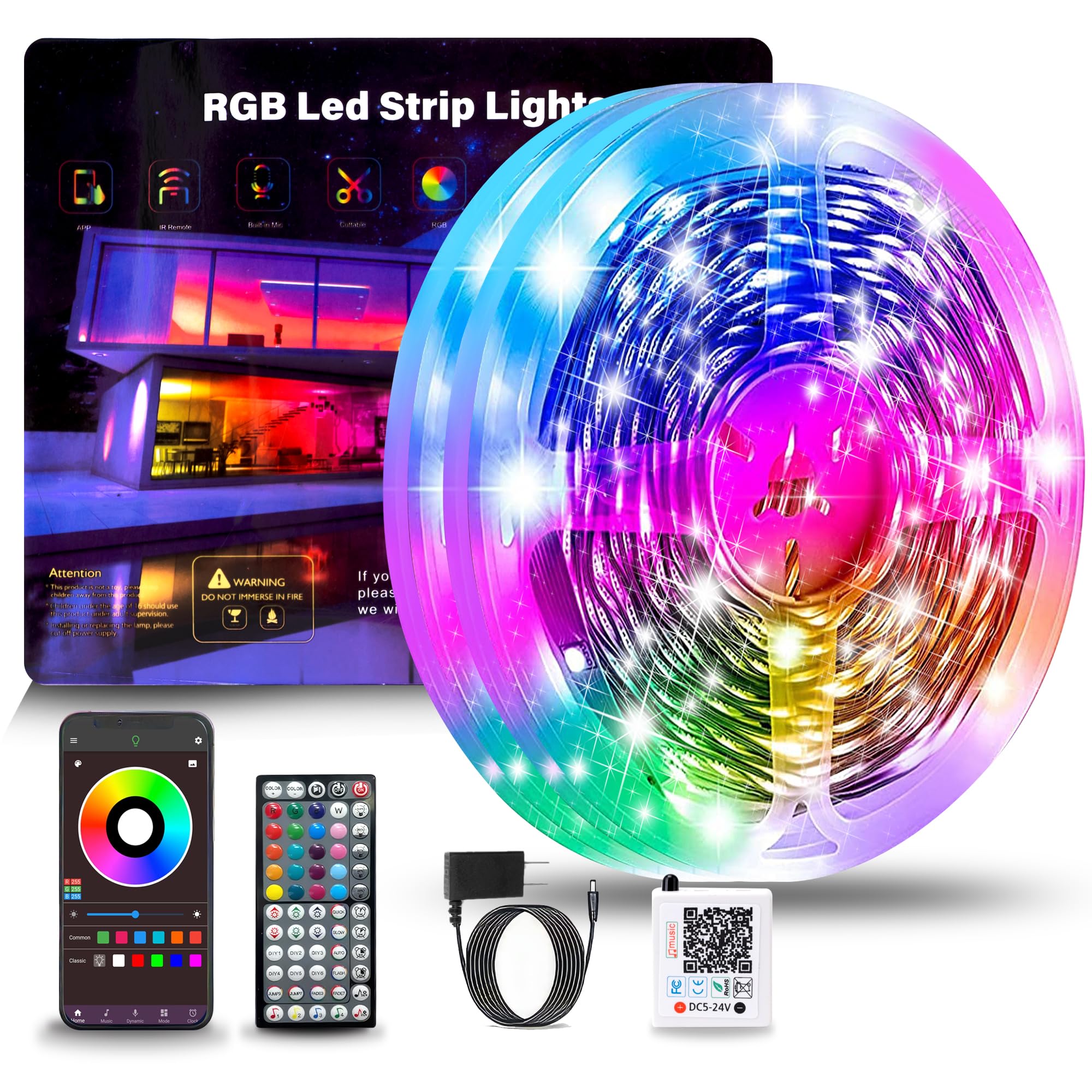NBBUFF 150FT RGB LED Strip Lights, Music Sync, Color Changing, Remote & App Control, Plastic, White, Model NB-rgb005-3