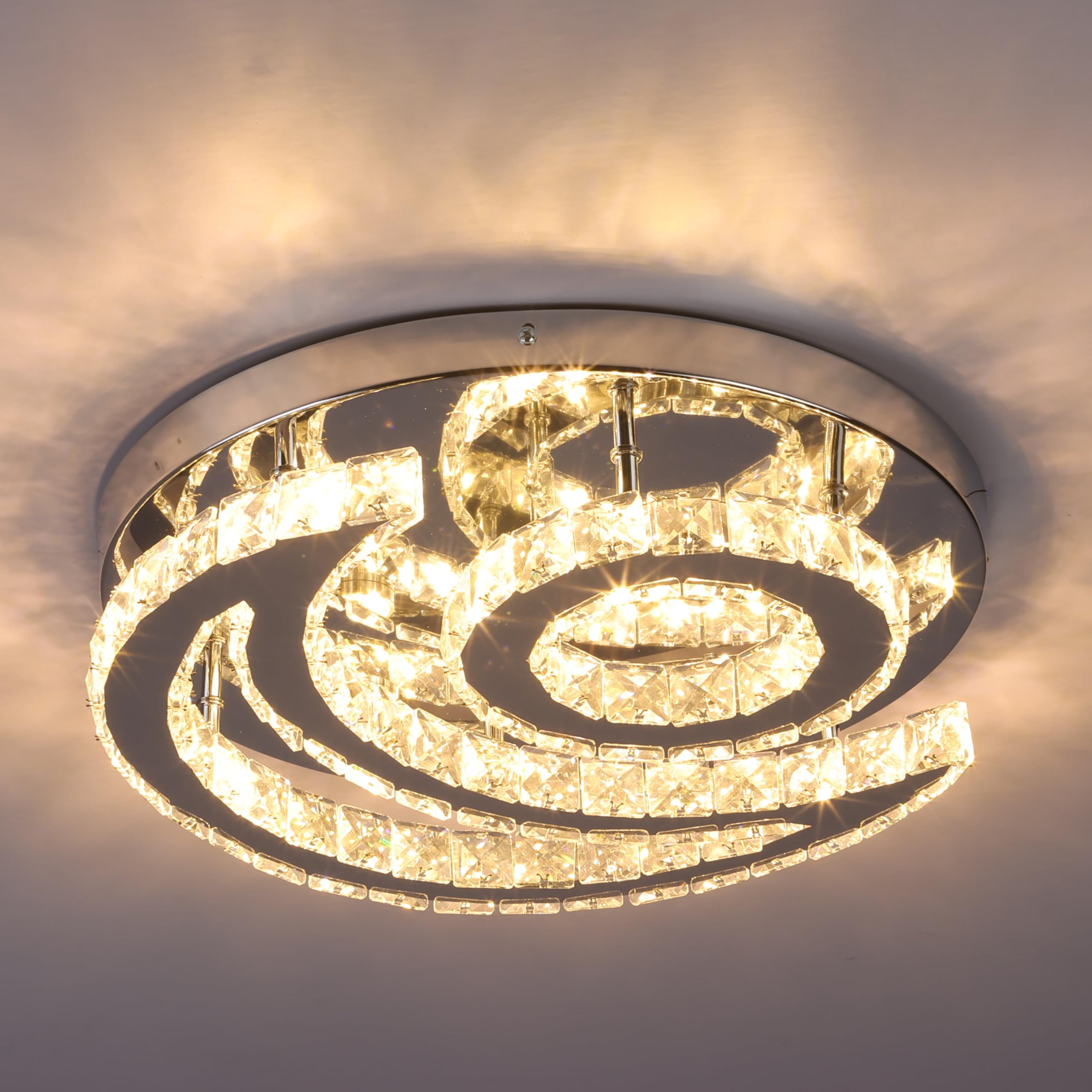 CXGLEAMING Modern Crystal Chandelier LED Flush Mount Light Fixture 15.7in Dimmable Moon Shape Stainless Steel Dimmable-moon Model CX-MC013-KB