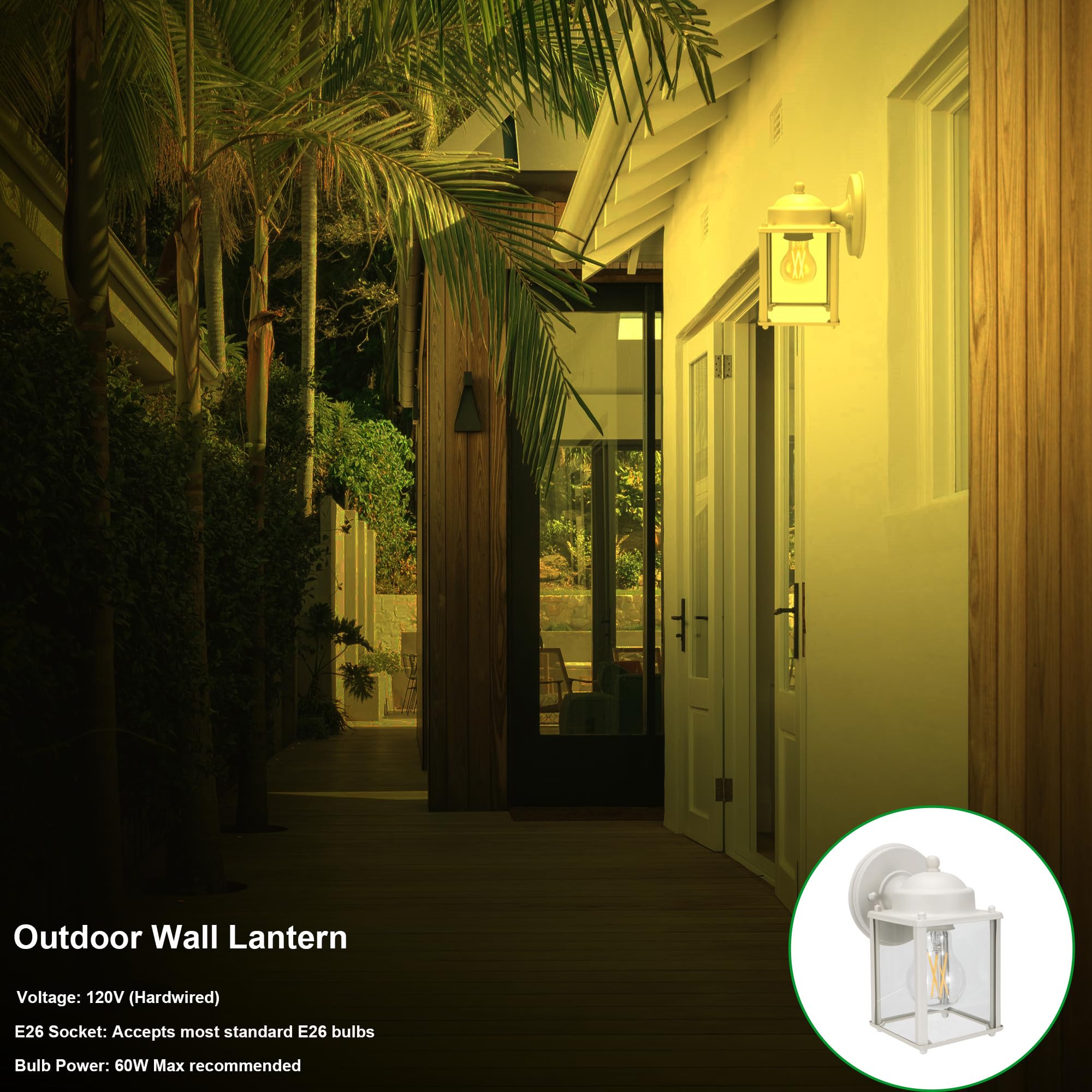 LIT-PaTH Outdoor Wall Lantern Sconce, Aluminum, E26 Base, White Finish, 2-Pack, Model LT-WL017-WT-2PK