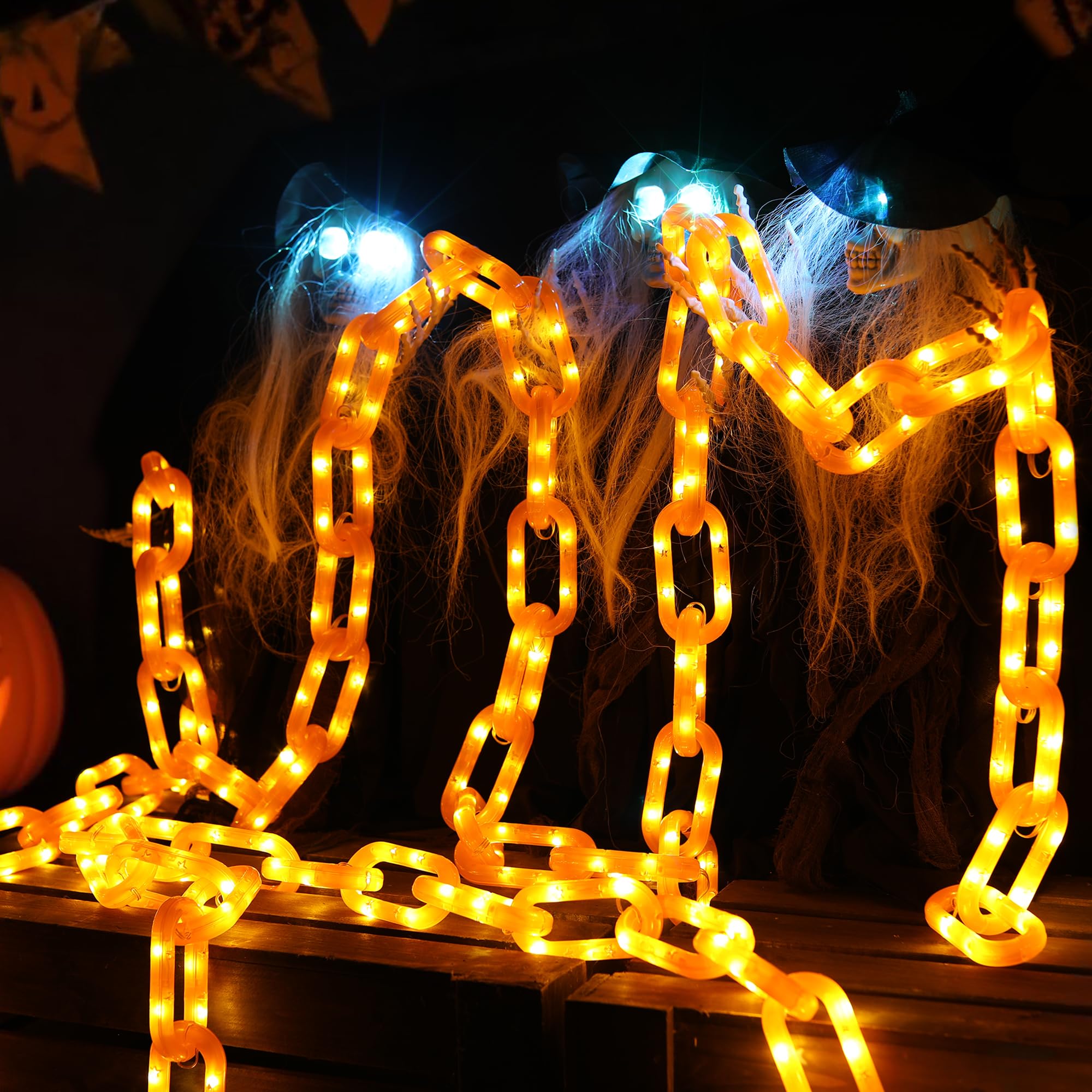 Halloween Decoration Solar Light String 6.6Ft  100 Led Orange Chain Lights. Ip44 Waterproof  8 Lighting Modes. Perfect For Horror Costume Accessories  Haunted House Courtyards & Halloween Party Decor.